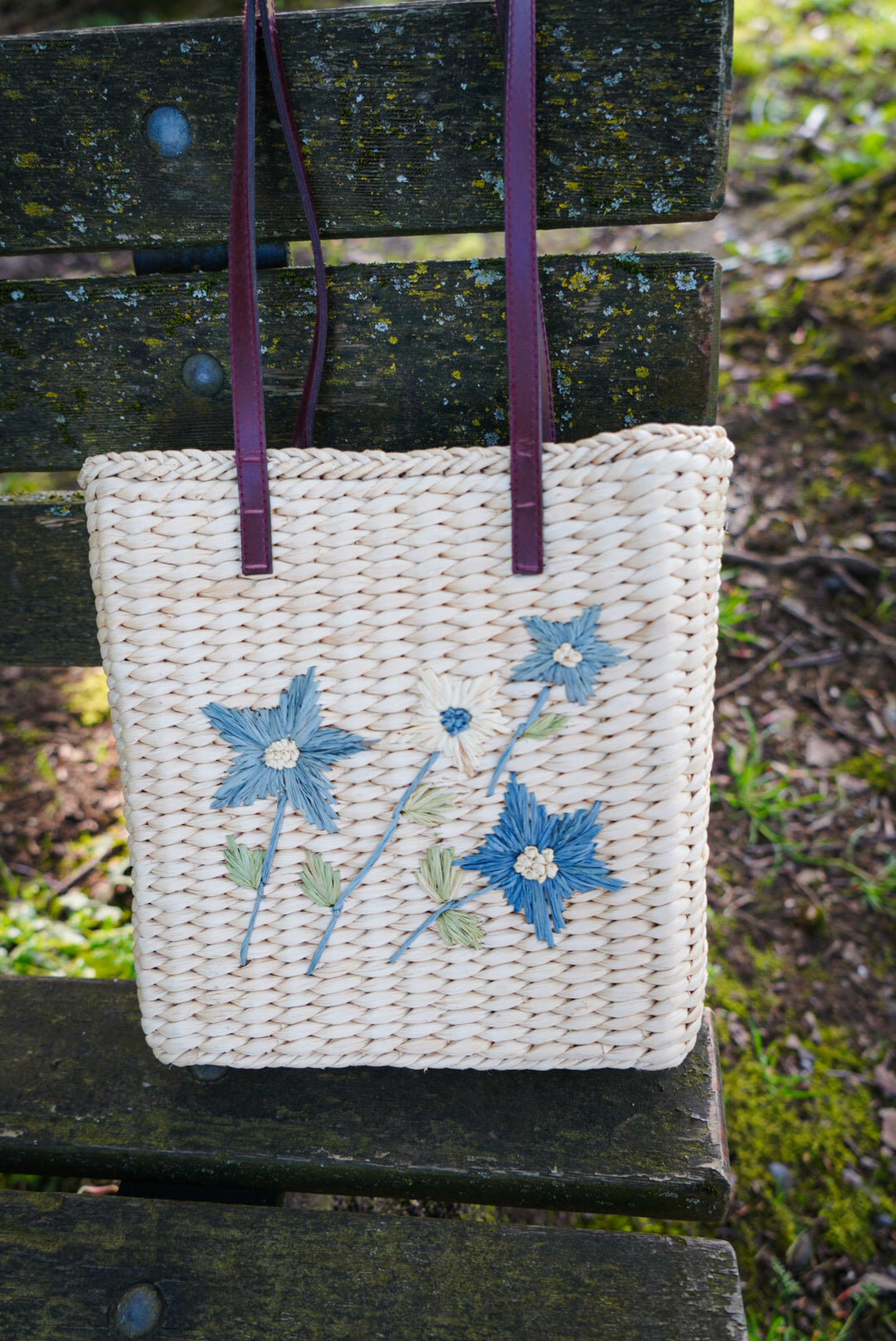 Vintage Straw Purse with Blue Flowers and Vegan Leather | Vintage Summer Purse