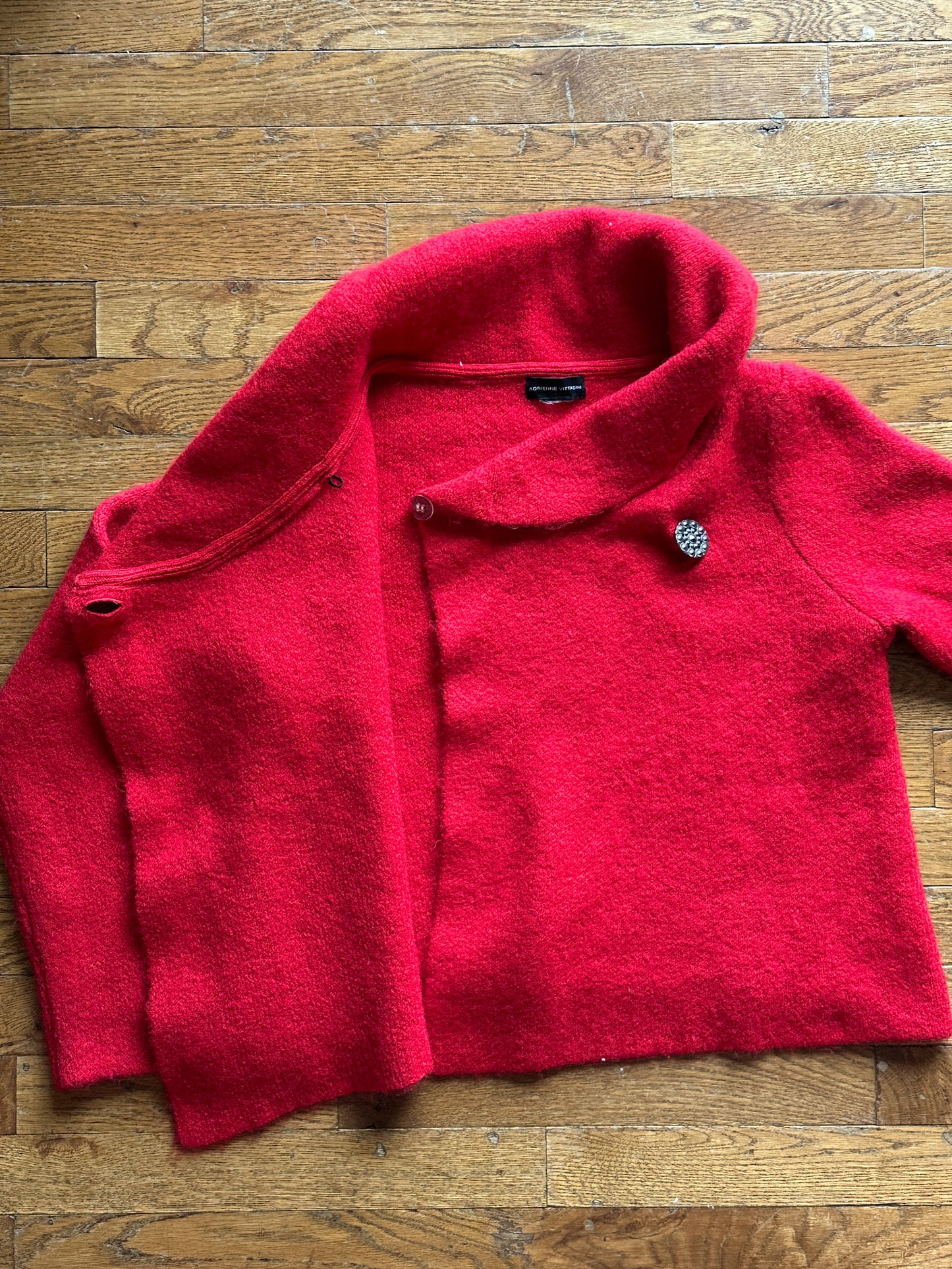 Adrienne Vittani Red Cowl Neck Cropped Marilyn Sweater with Statement Button