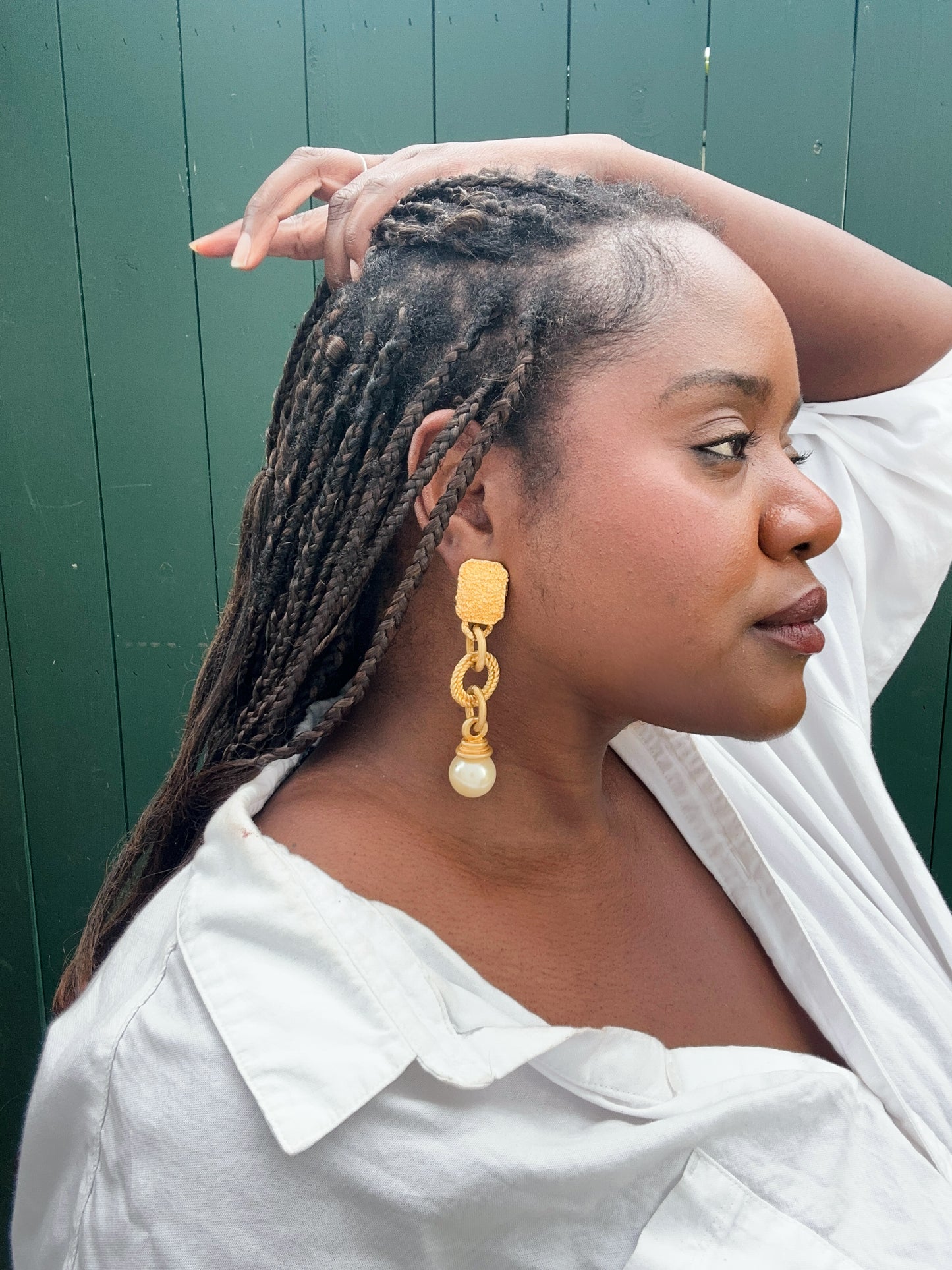 90s Vintage Statement Gold Clip-On Earrings with Pearl Detail