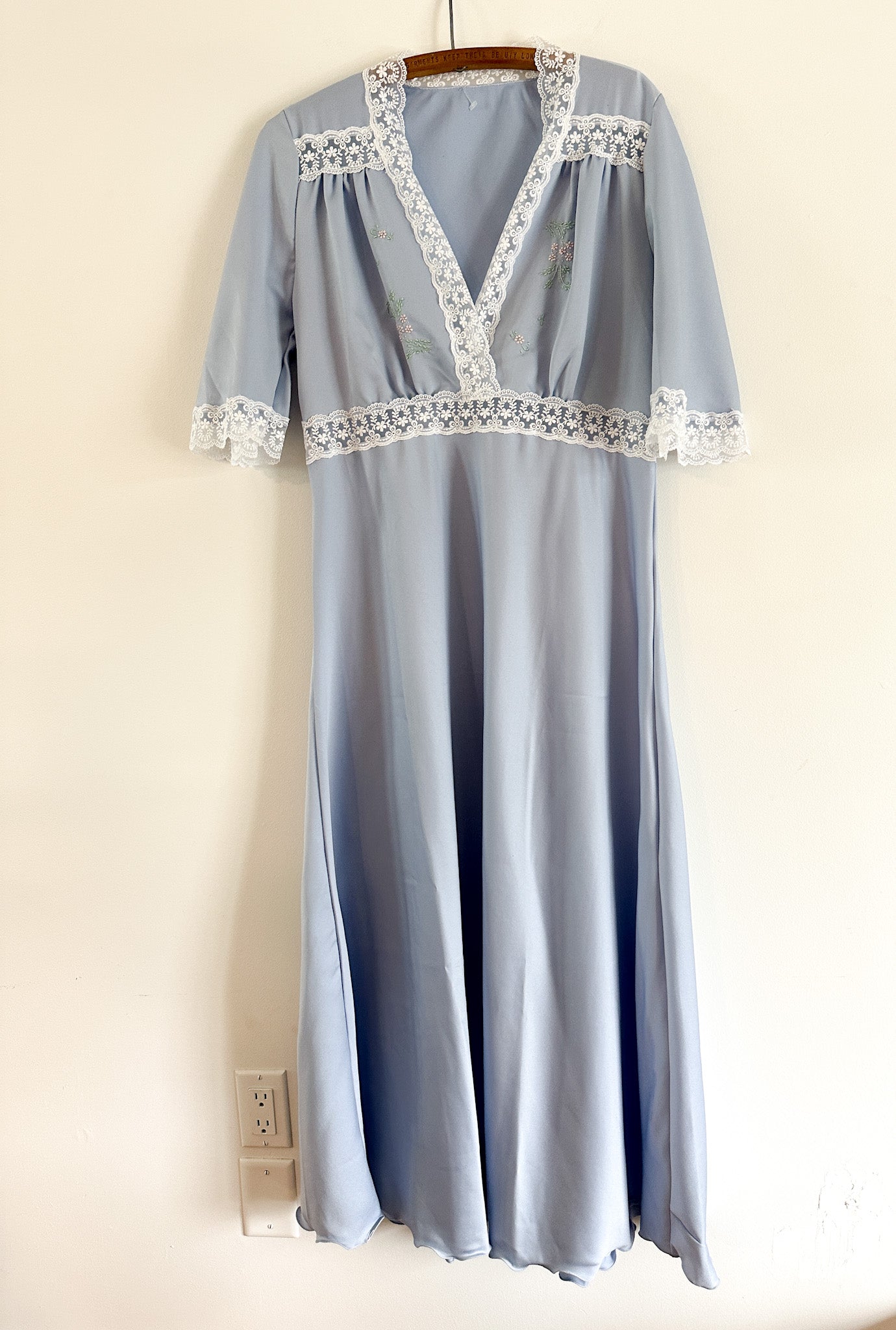 Vintage Baby Blue Full Length A-Line Nightgown with White lace Detailing( Fits M/L)