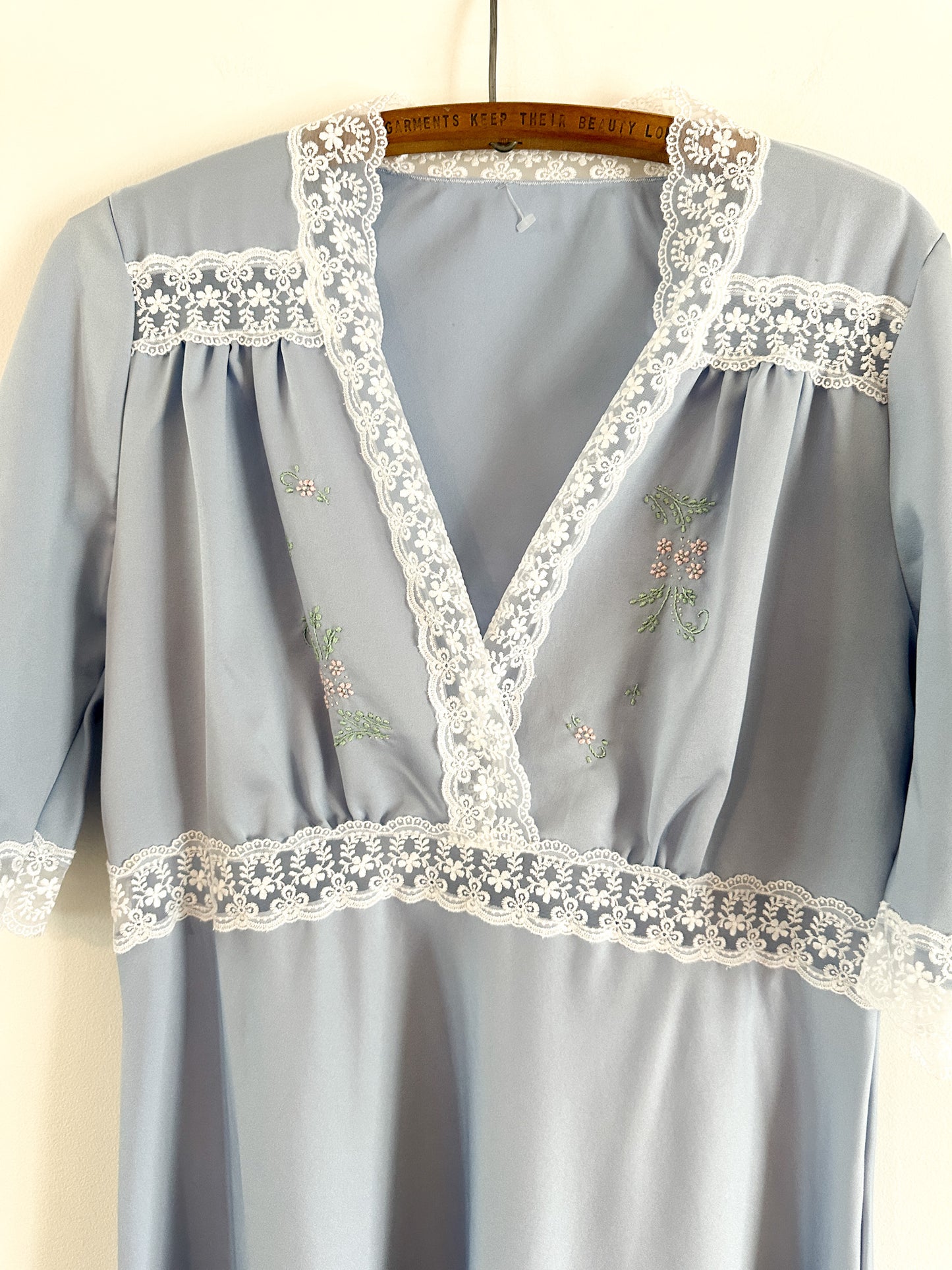 Vintage Baby Blue Full Length A-Line Nightgown with White lace Detailing( Fits M/L)