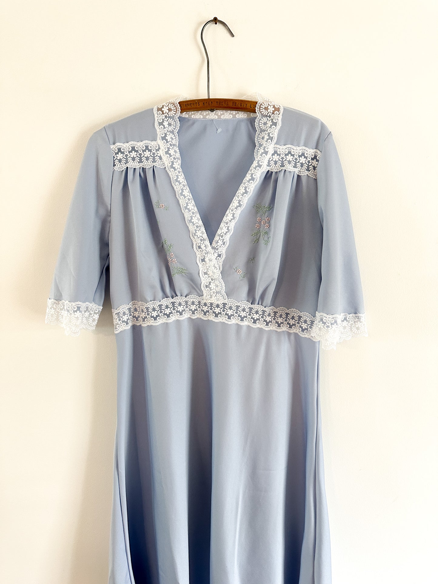 Vintage Baby Blue Full Length A-Line Nightgown with White lace Detailing( Fits M/L)