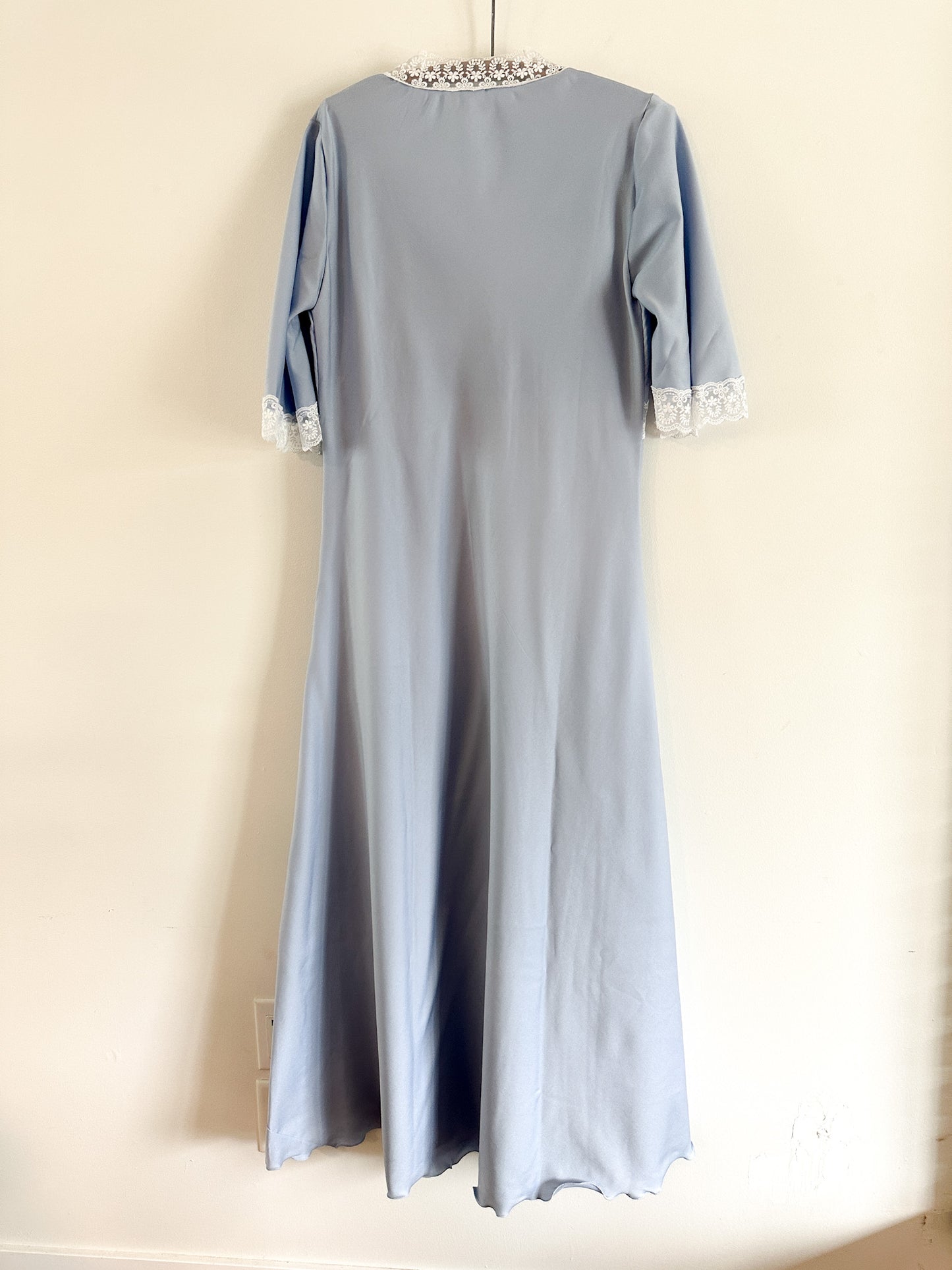 Vintage Baby Blue Full Length A-Line Nightgown with White lace Detailing( Fits M/L)