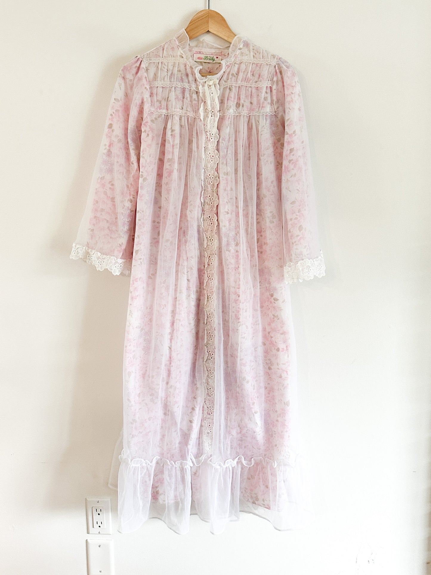 Vintage Pink Floral Duster/Nightgown with Sheer Overlay and Ruffled Edges