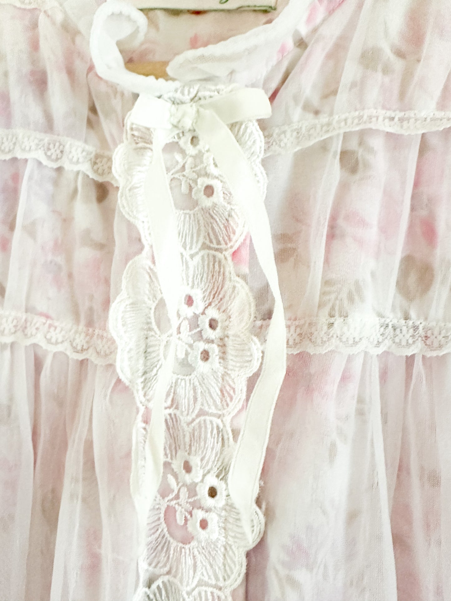 Vintage Pink Floral Duster/Nightgown with Sheer Overlay and Ruffled Edges