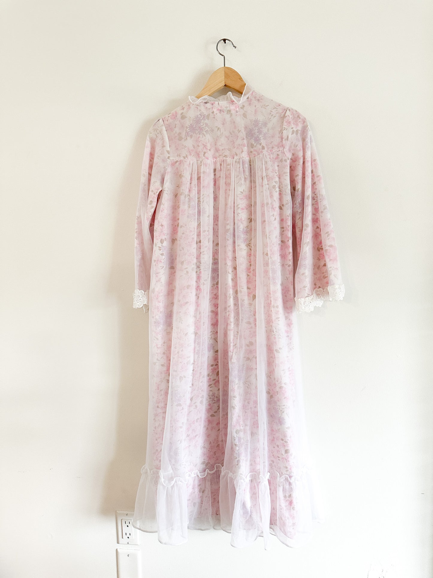 Vintage Pink Floral Duster/Nightgown with Sheer Overlay and Ruffled Edges