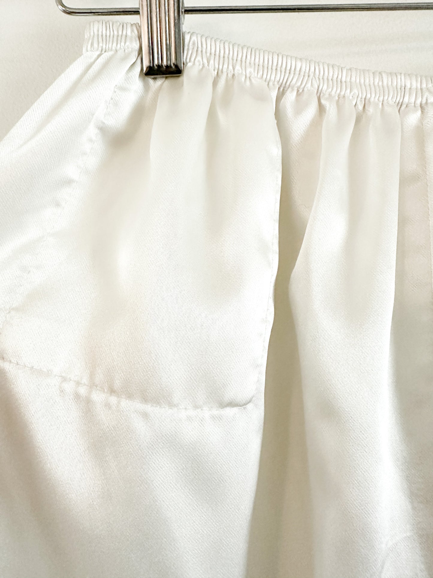 White Satin PJ Set with Pink Embroidered Floral Detailing