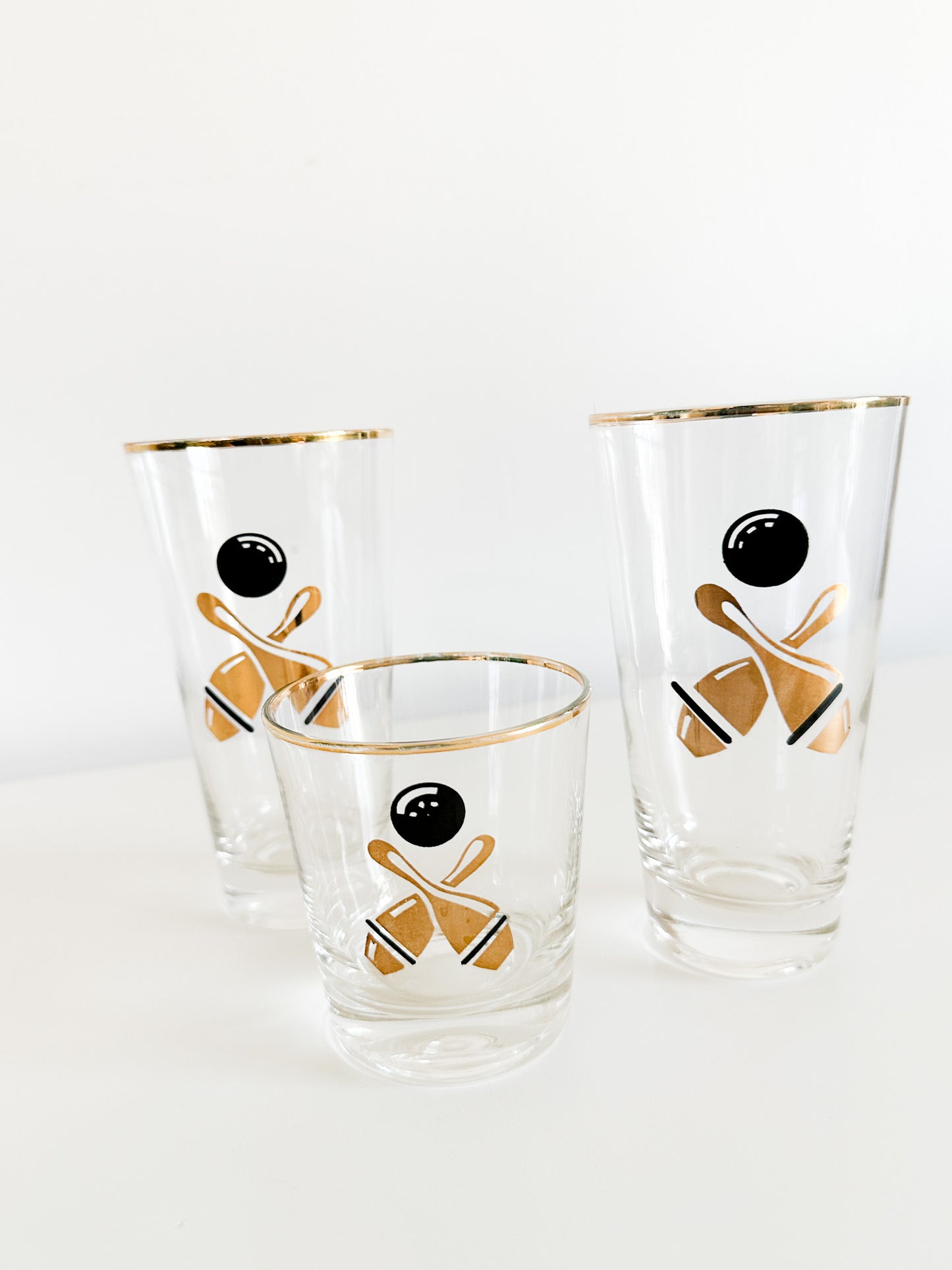 Set of 3 Vintage Bowling Ball Drinking Glasses | Bowling Ball cocktail Glass