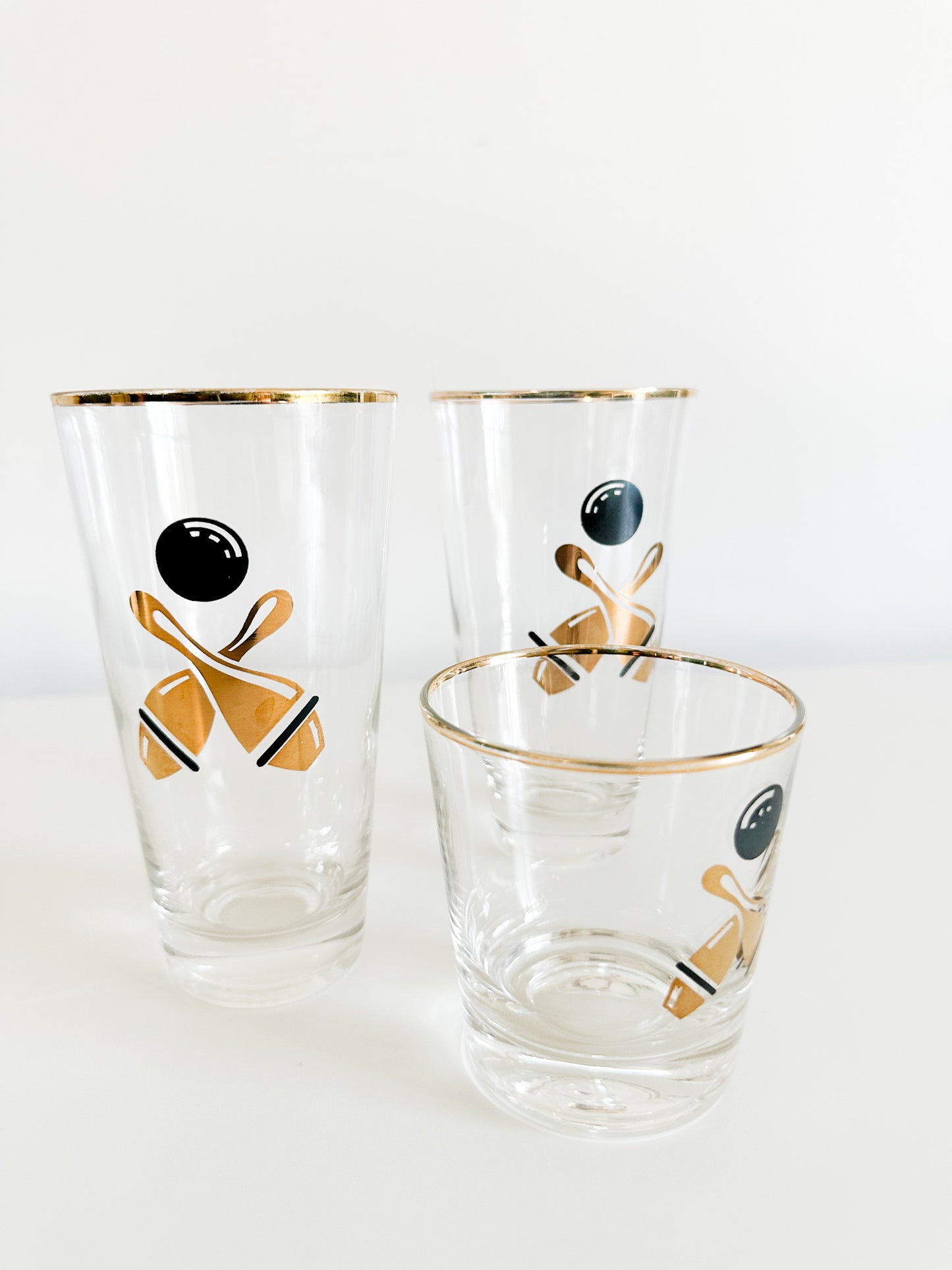 Set of 3 Vintage Bowling Ball Drinking Glasses | Bowling Ball cocktail Glass