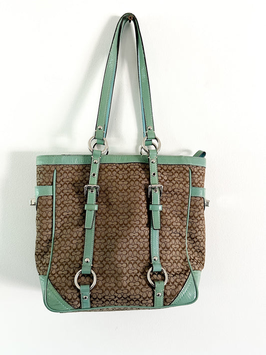COACH Gallery Signature Jacquard Tan with Green and Patent Leather Satchel