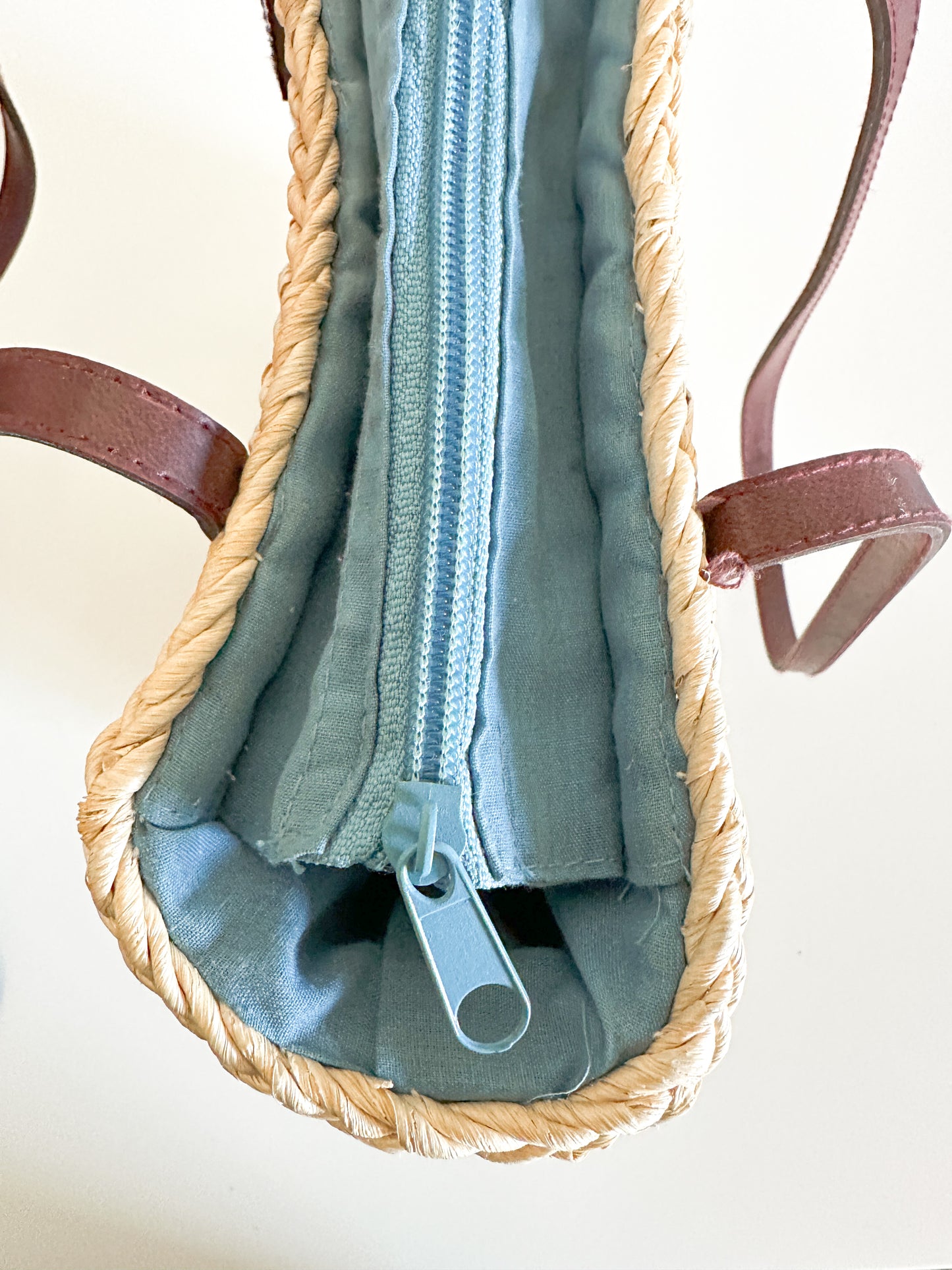 Vintage Straw Purse with Blue Flowers and Vegan Leather | Vintage Summer Purse