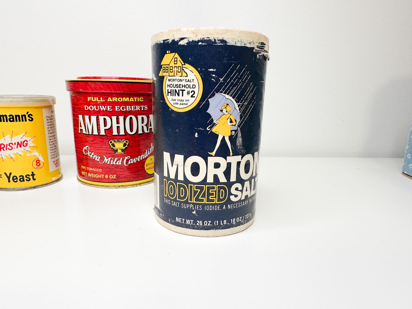 Curated Vintage Lot of Household Containers | Amphora Extra Mild Cavendish | Mortons Iodized Salt Container | Fleischmann's Yeast Tin