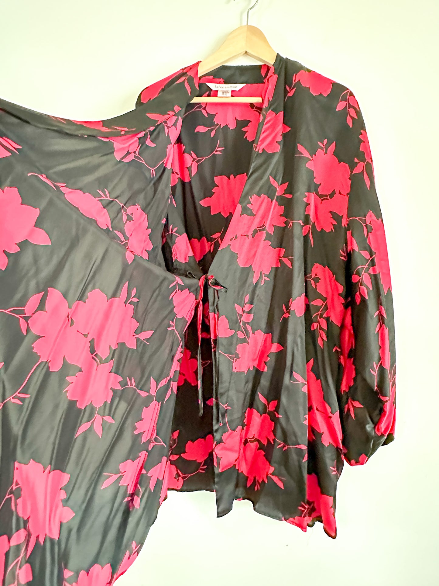 Y2K La Vie En Rose Silk Robe | Vintage Red and Black Silk Dressing Robe| size: M/L | Silk Robe