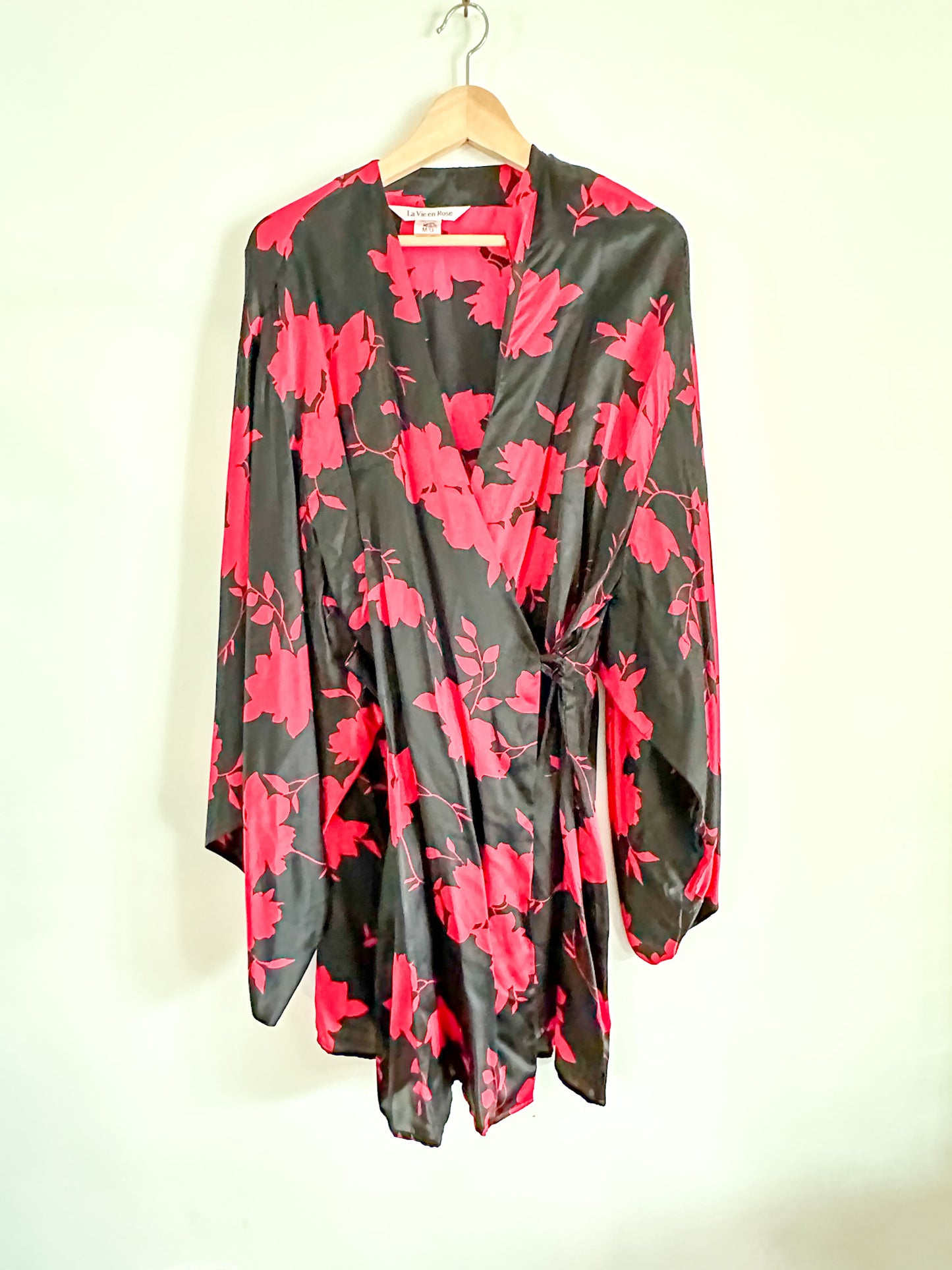 Y2K La Vie En Rose Silk Robe | Vintage Red and Black Silk Dressing Robe| size: M/L | Silk Robe
