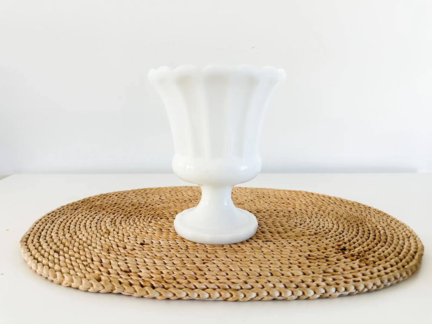 Milk Glass Pedestal Vase /Planter with Scalloped Edge