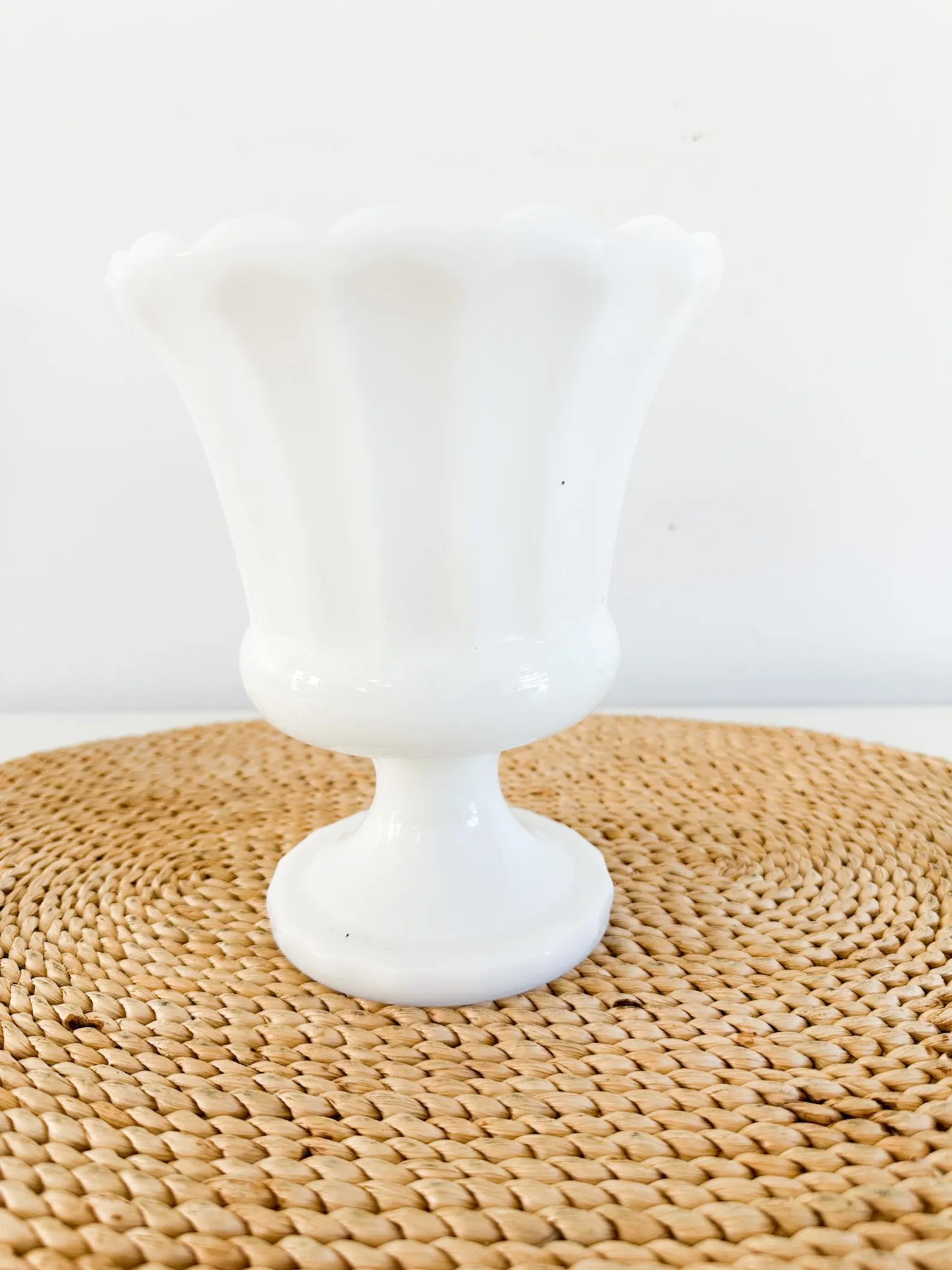 Milk Glass Pedestal Vase /Planter with Scalloped Edge