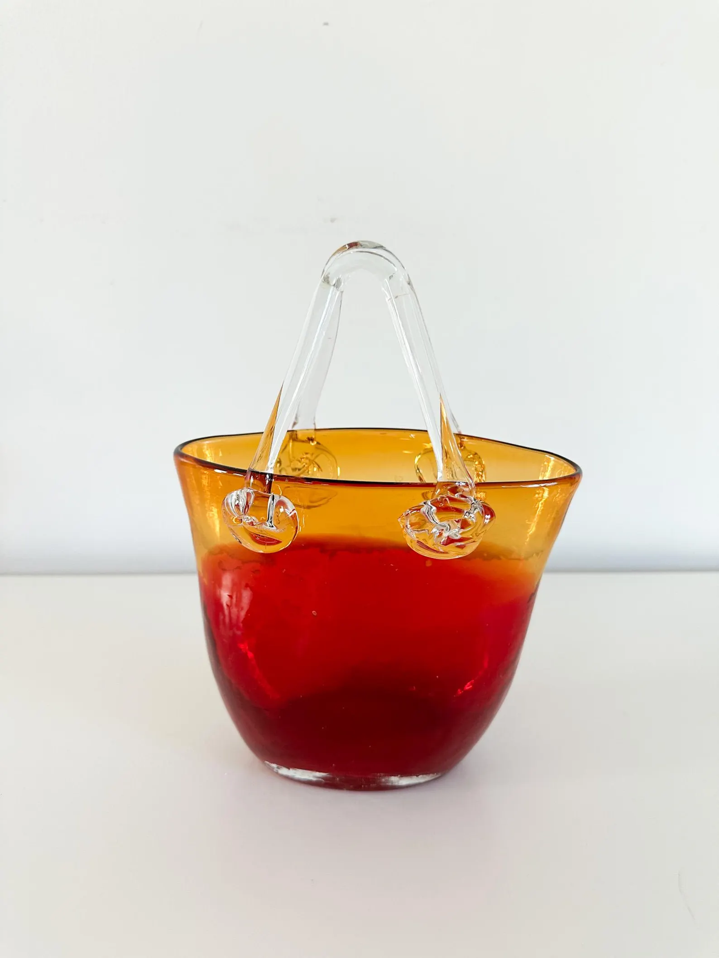 Art Glass Purse Vase | Red and Yellow Handblown Art Glass Vase Purse with Handles