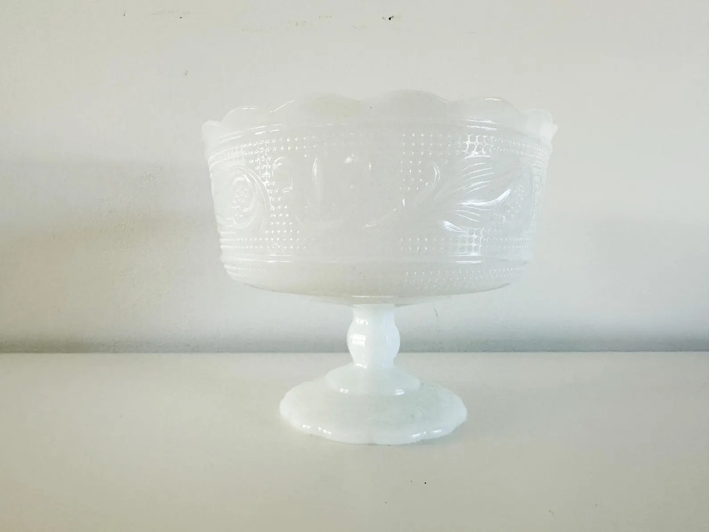 Milk Glass Fruit Bowl with Pedestal and Scalloped Edge Dish