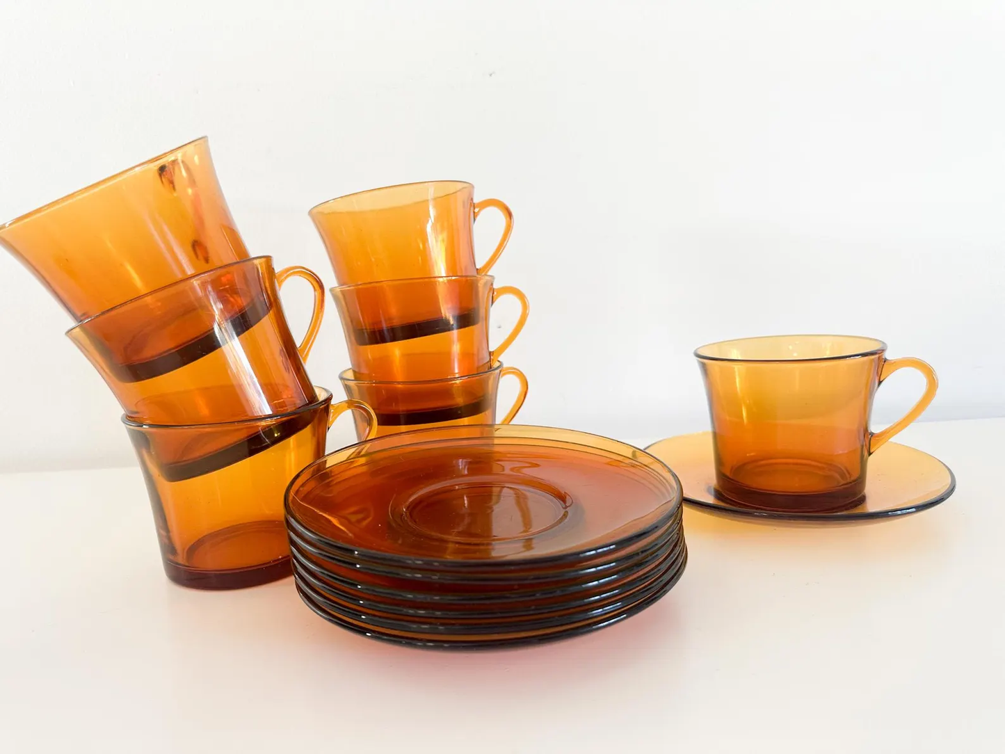 1970s Duralex Amber Glass Cup and Saucer Set Made in France | Lot of 7 Sets