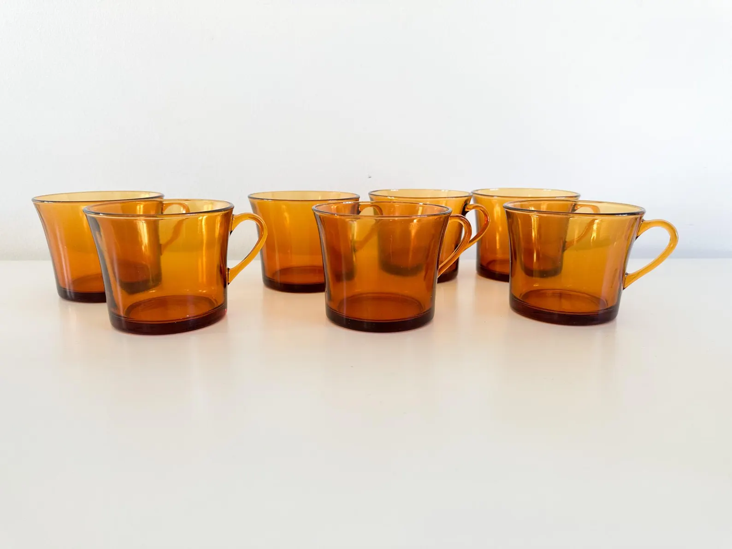1970s Duralex Amber Glass Cup and Saucer Set Made in France | Lot of 7 Sets