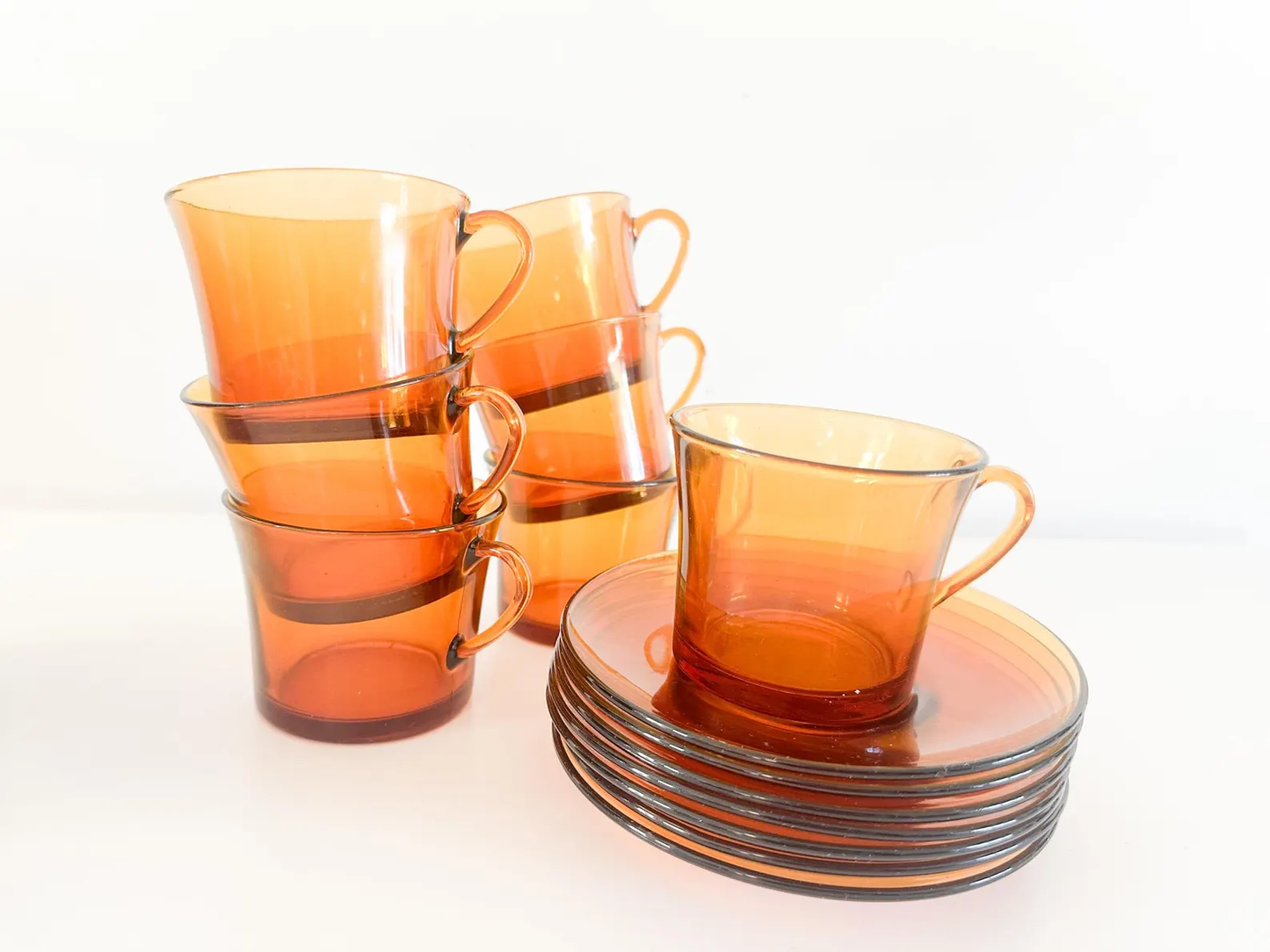 1970s Duralex Amber Glass Cup and Saucer Set Made in France | Lot of 7 Sets