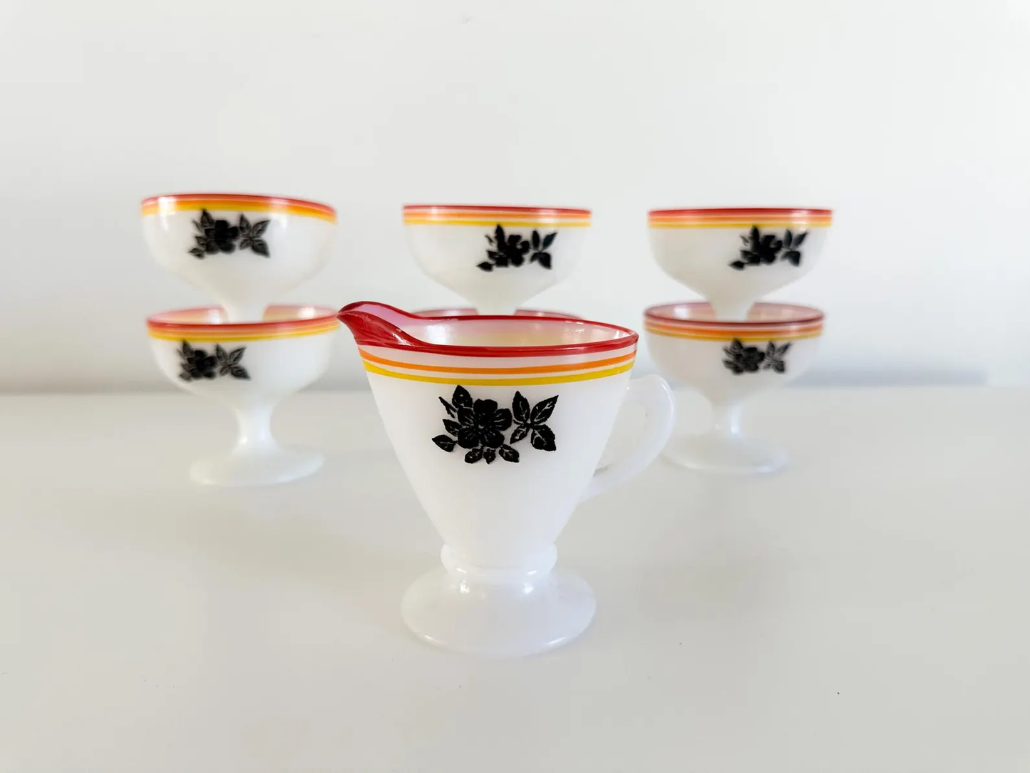 Lot of 7 Hazel Atlas Black Rose Sherberts on Platonite Glass | Lot of 7 Milk Glass
