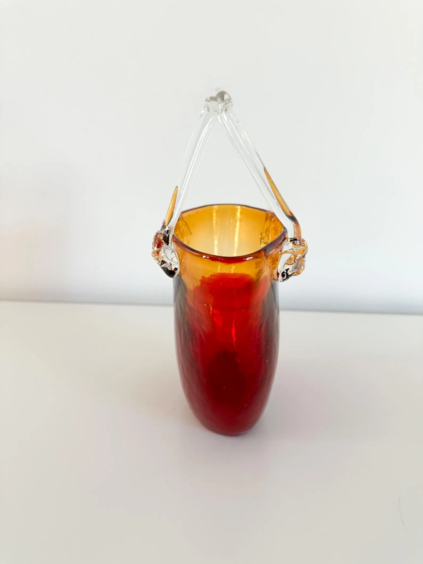 Art Glass Purse Vase | Red and Yellow Handblown Art Glass Vase Purse with Handles
