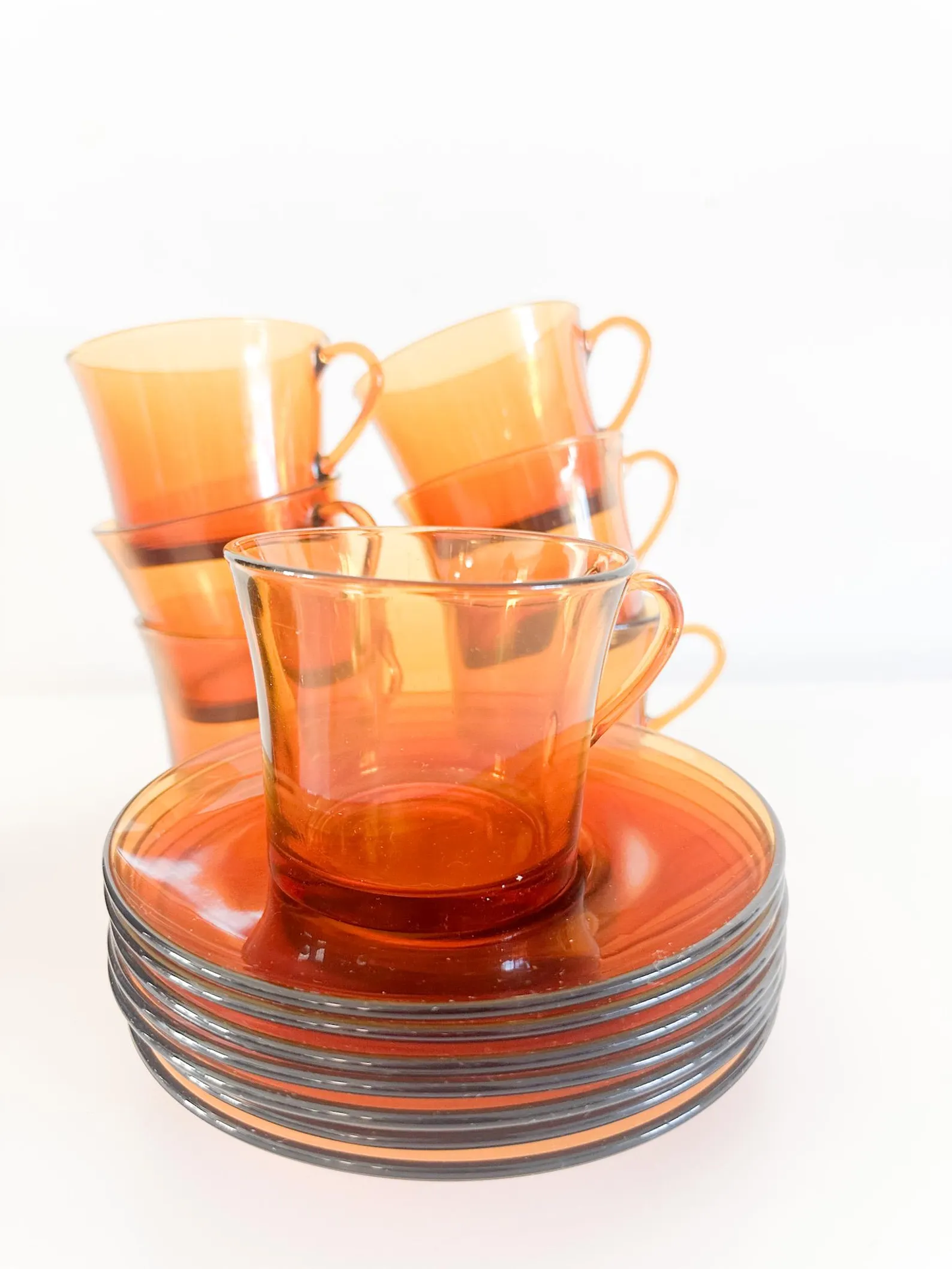 1970s Duralex Amber Glass Cup and Saucer Set Made in France | Lot of 7 Sets