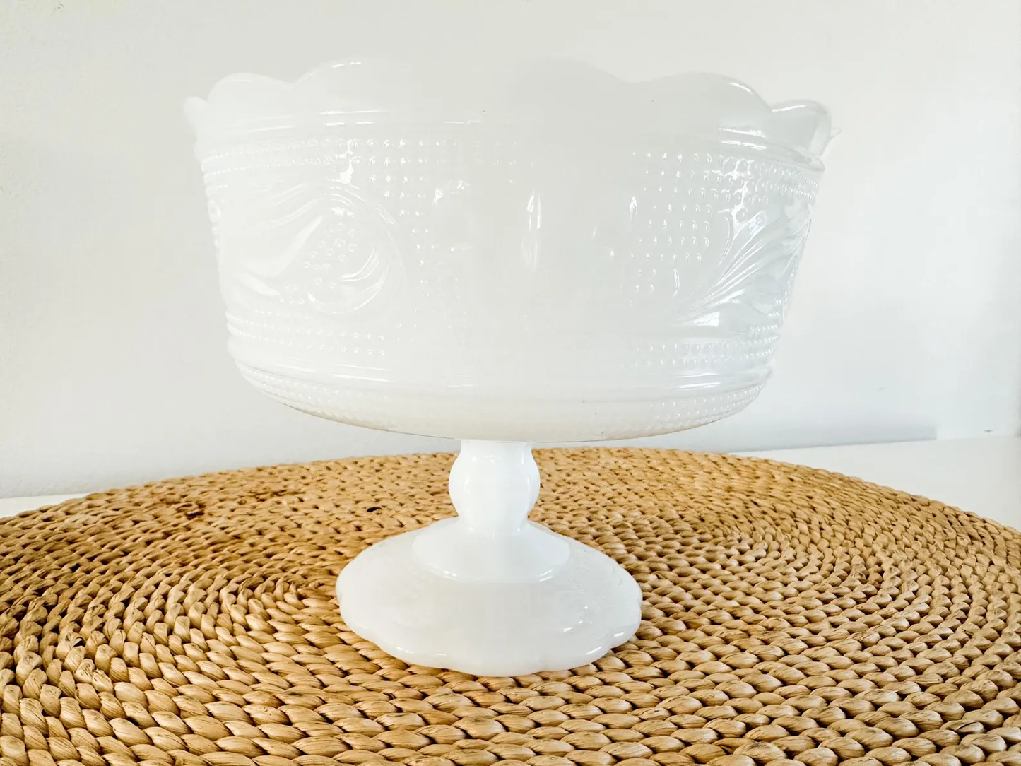 Milk Glass Fruit Bowl with Pedestal and Scalloped Edge Dish