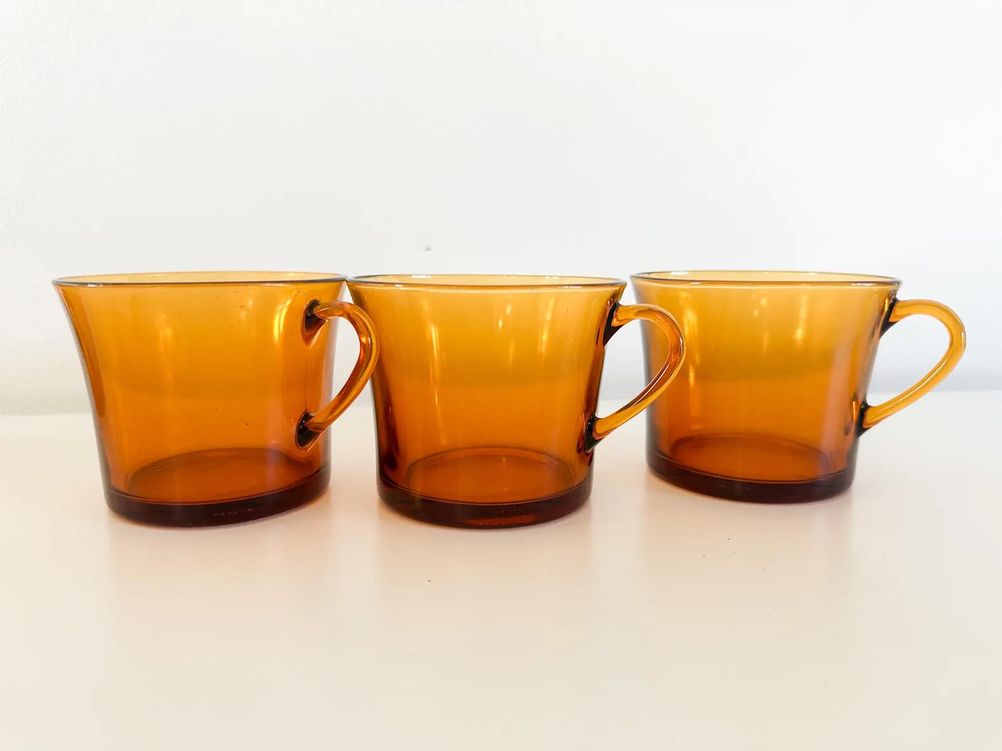1970s Duralex Amber Glass Cup and Saucer Set Made in France | Lot of 7 Sets