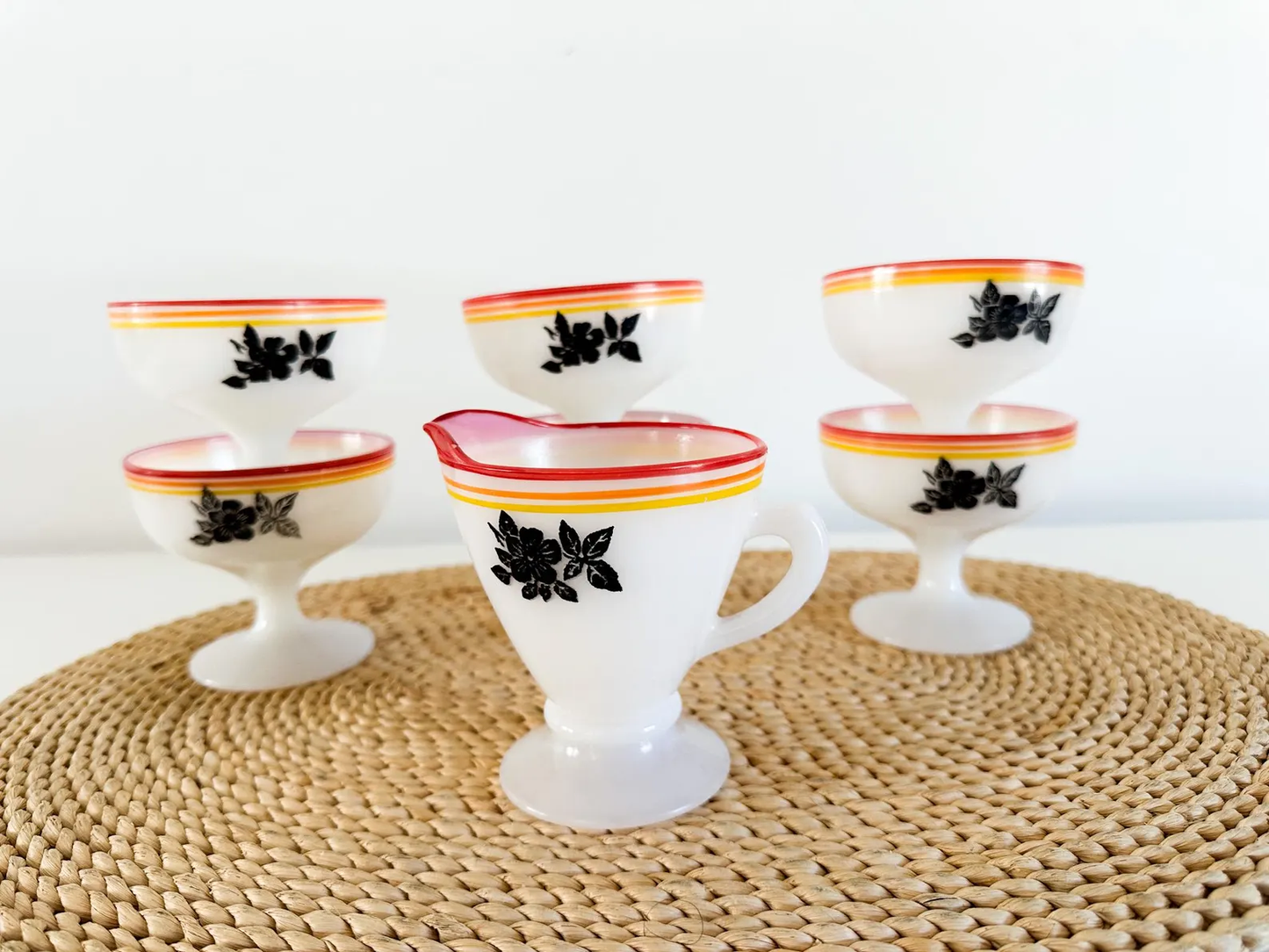 Lot of 7 Hazel Atlas Black Rose Sherberts on Platonite Glass | Lot of 7 Milk Glass