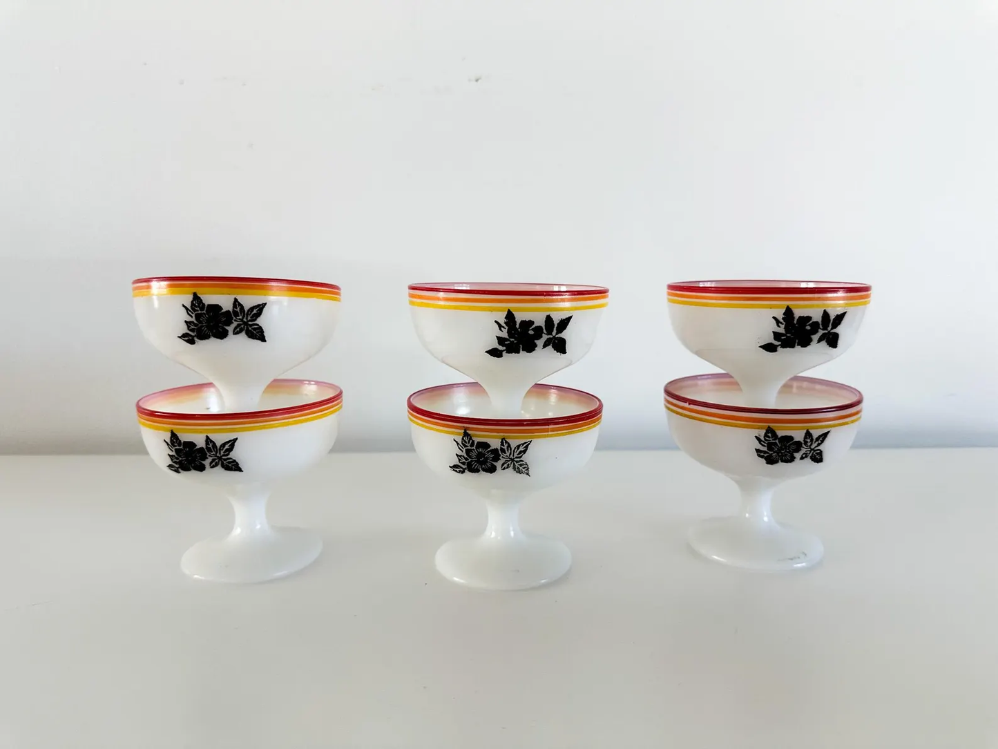 Lot of 7 Hazel Atlas Black Rose Sherberts on Platonite Glass | Lot of 7 Milk Glass