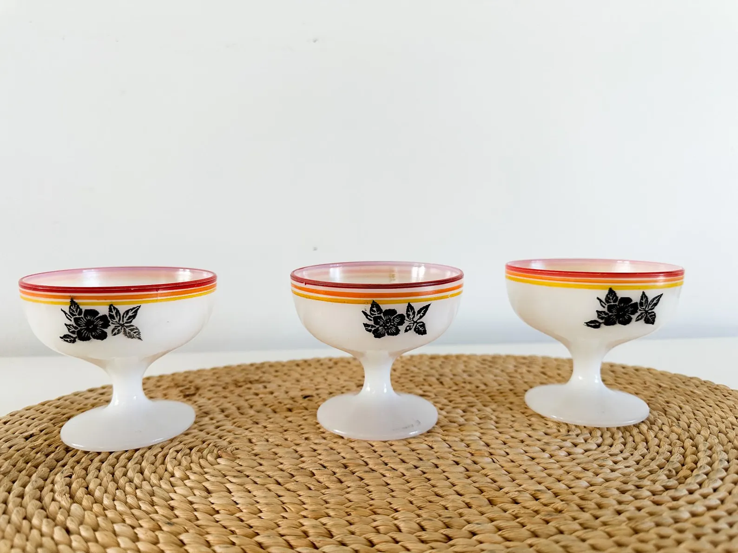 Lot of 7 Hazel Atlas Black Rose Sherberts on Platonite Glass | Lot of 7 Milk Glass