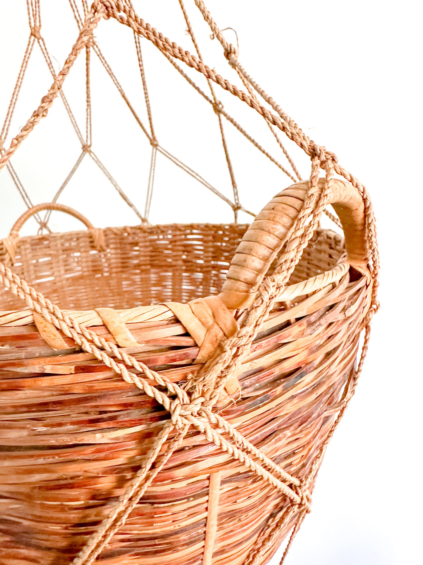 Vintage MCM Large Basket with woven Macrame Holder