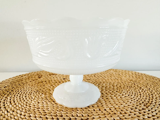 Milk Glass Fruit Bowl with Pedestal and Scalloped Edge Dish