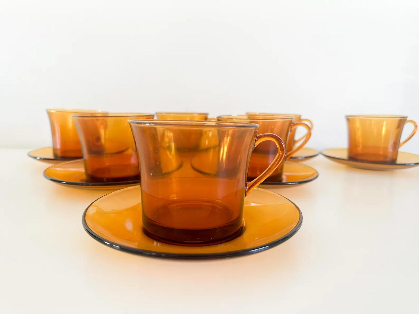 1970s Duralex Amber Glass Cup and Saucer Set Made in France | Lot of 7 Sets
