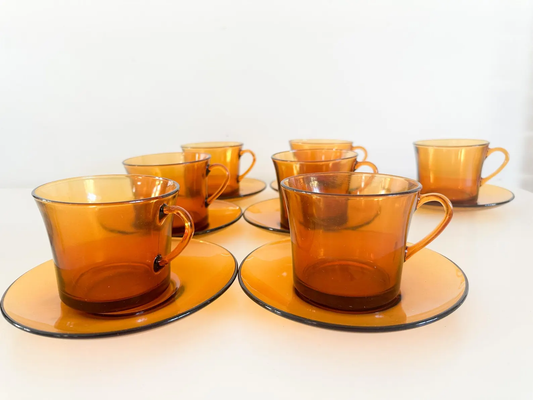 1970s Duralex Amber Glass Cup and Saucer Set Made in France | Lot of 7 Sets