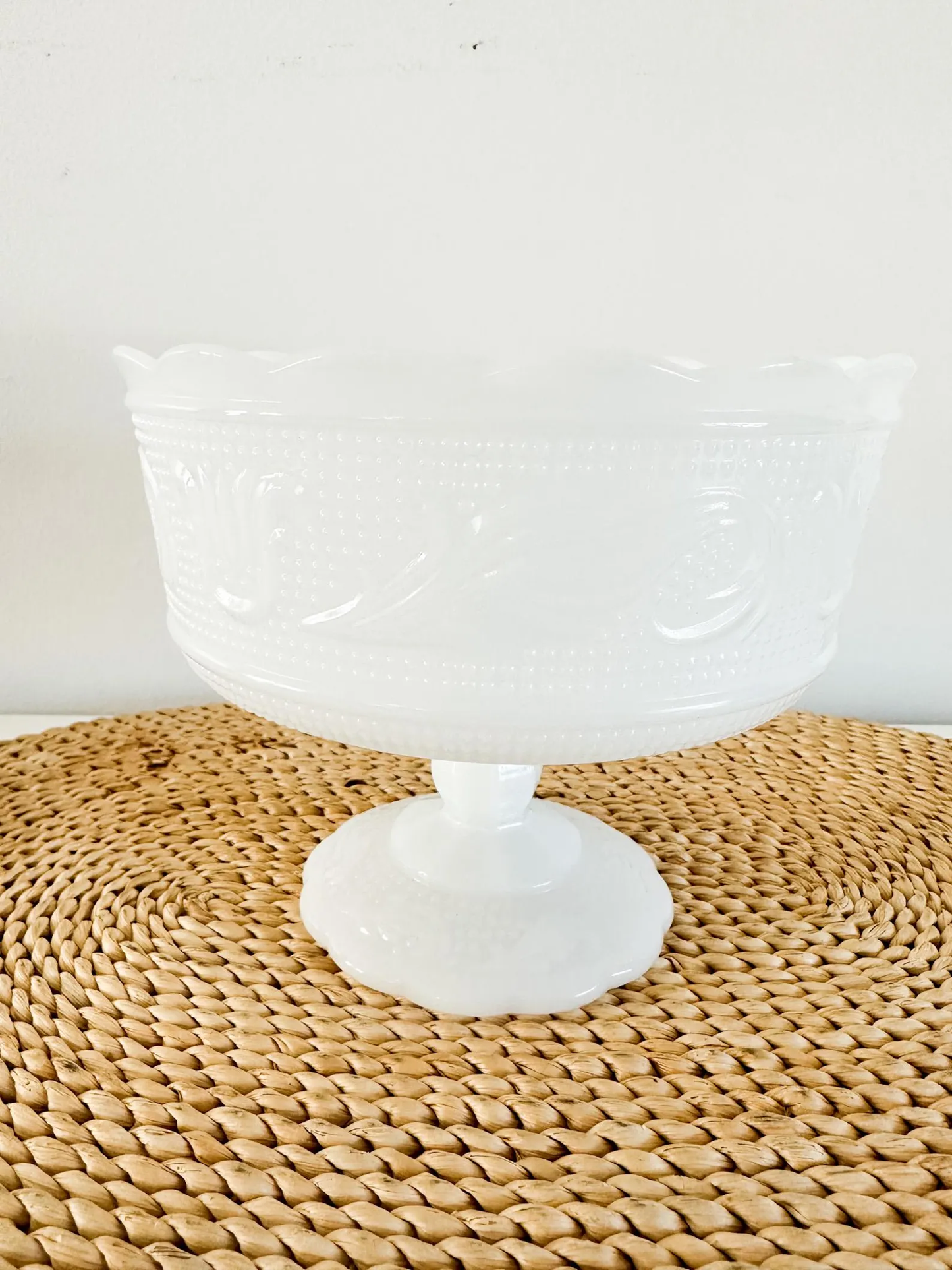 Milk Glass Fruit Bowl with Pedestal and Scalloped Edge Dish