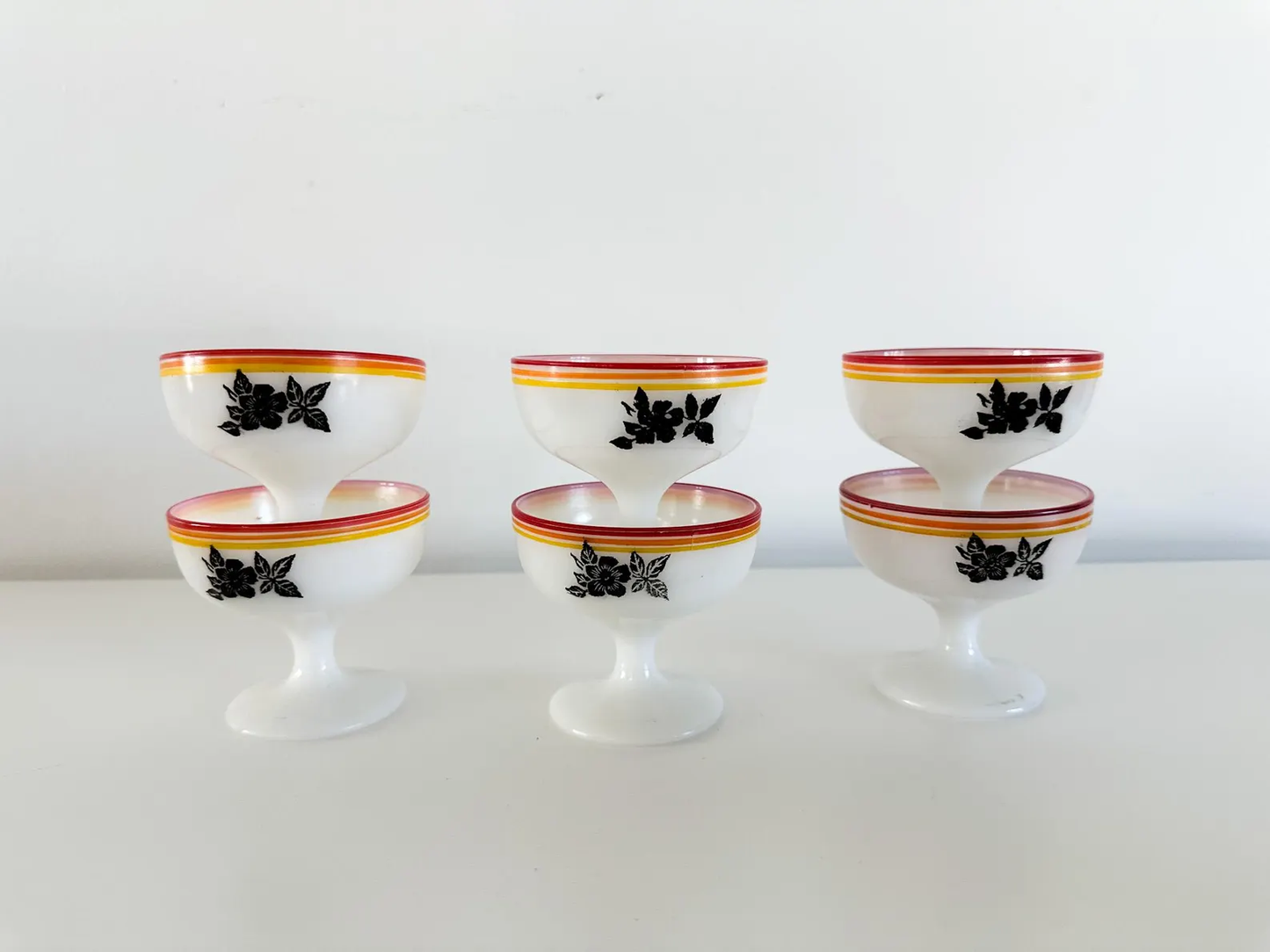 Lot of 7 Hazel Atlas Black Rose Sherberts on Platonite Glass | Lot of 7 Milk Glass
