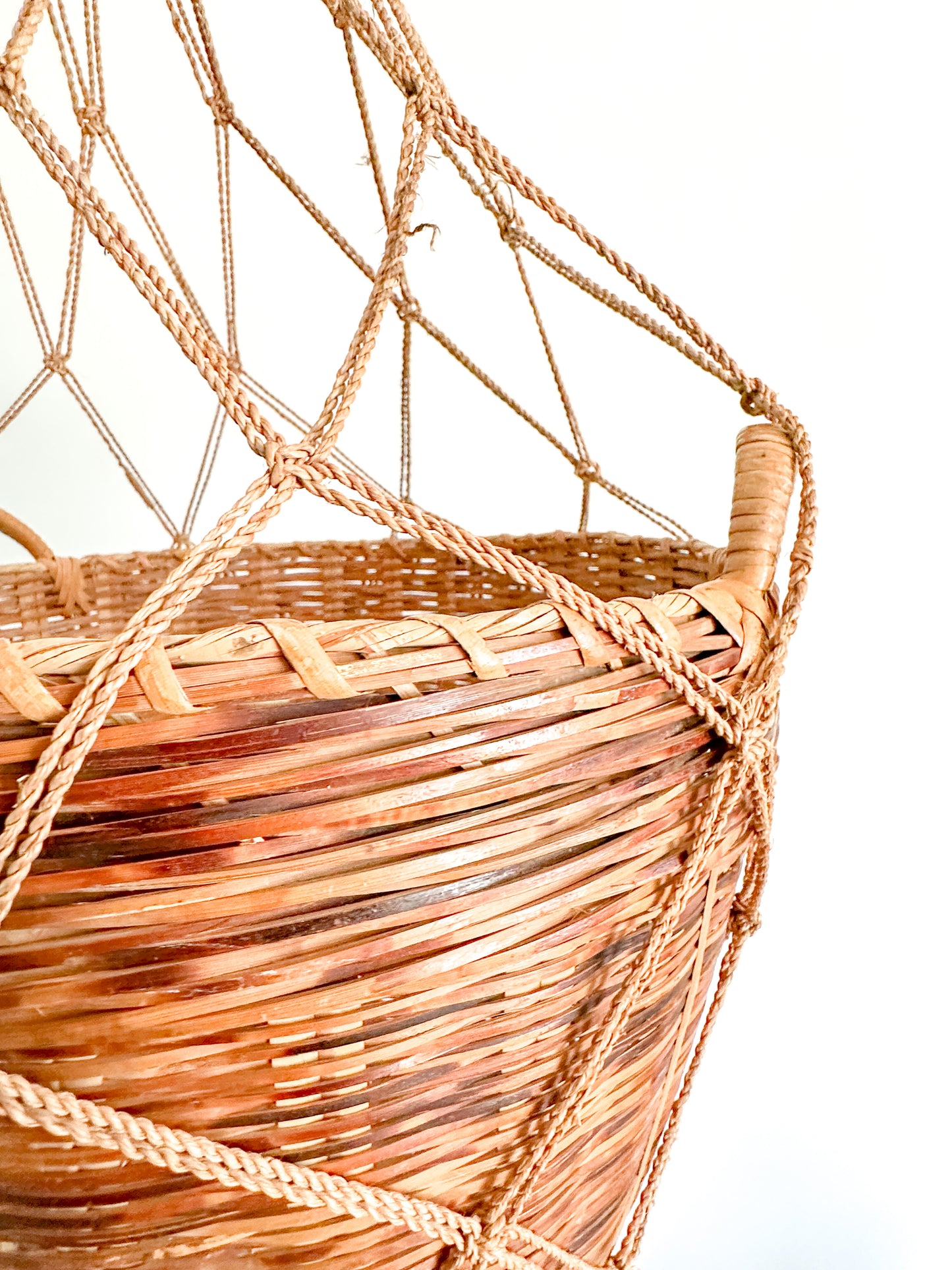 Vintage MCM Large Basket with woven Macrame Holder