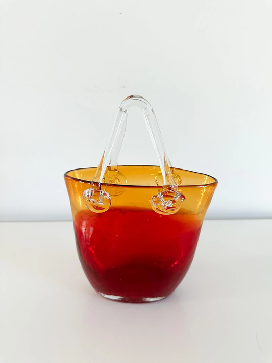 Art Glass Purse Vase | Red and Yellow Handblown Art Glass Vase Purse with Handles