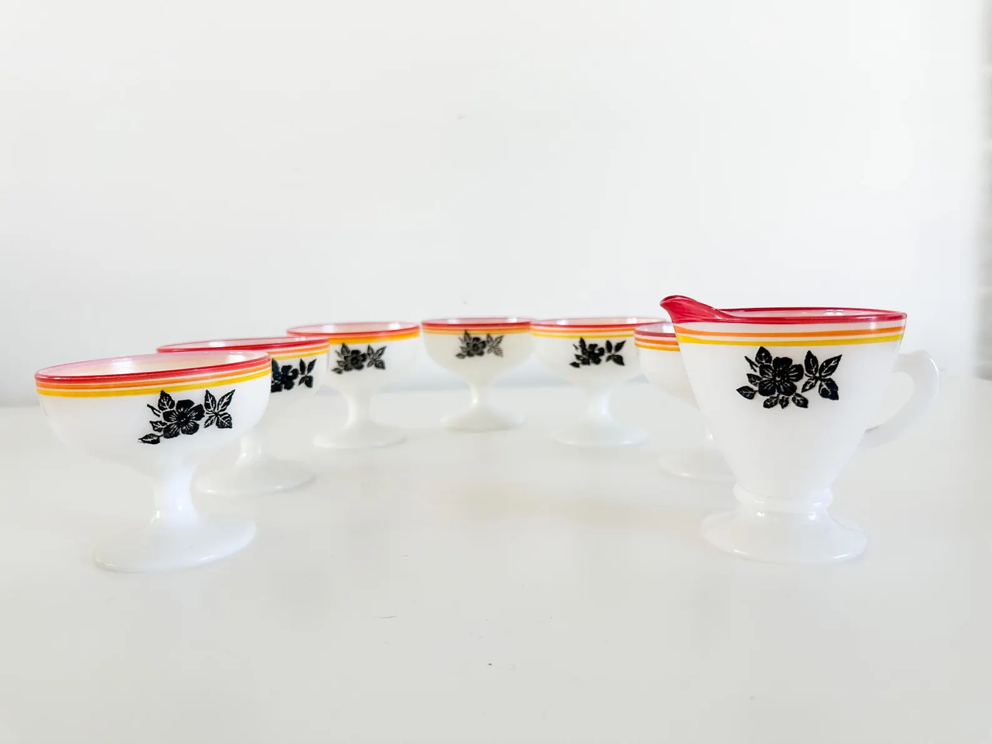 Lot of 7 Hazel Atlas Black Rose Sherberts on Platonite Glass | Lot of 7 Milk Glass