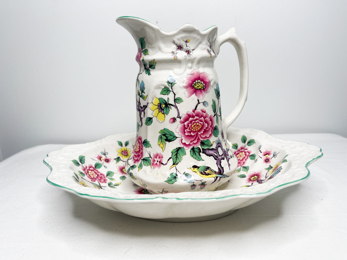 Vintage Old Foley, Wash Basin and Pitcher| Chinese Rose Pattern| James Kent LTD. Staffordshire England