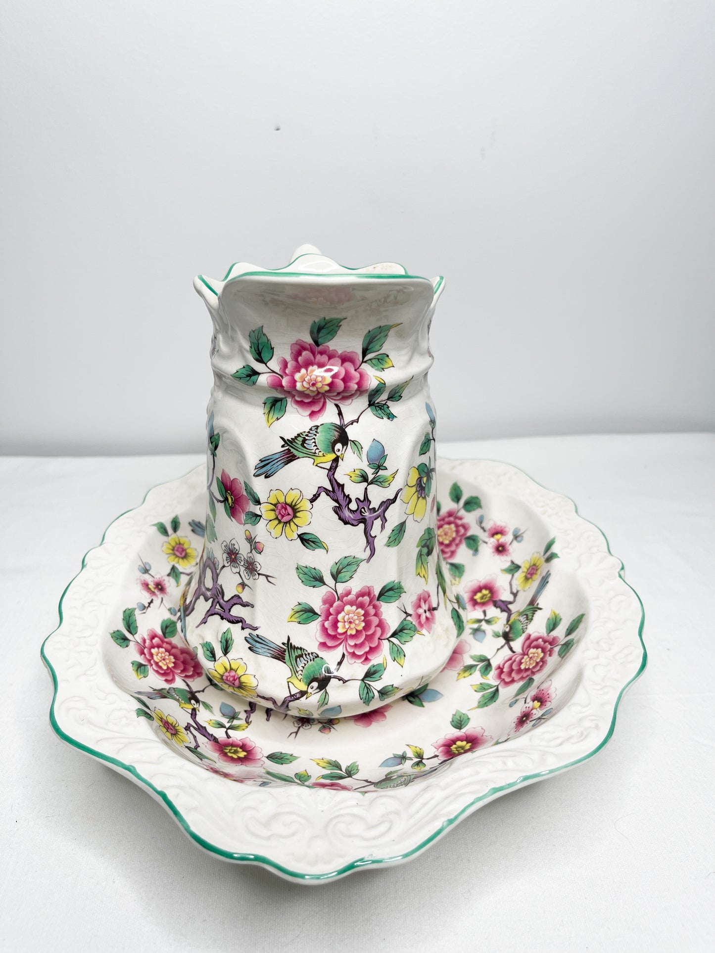 Vintage Old Foley, Wash Basin and Pitcher| Chinese Rose Pattern| James Kent LTD. Staffordshire England
