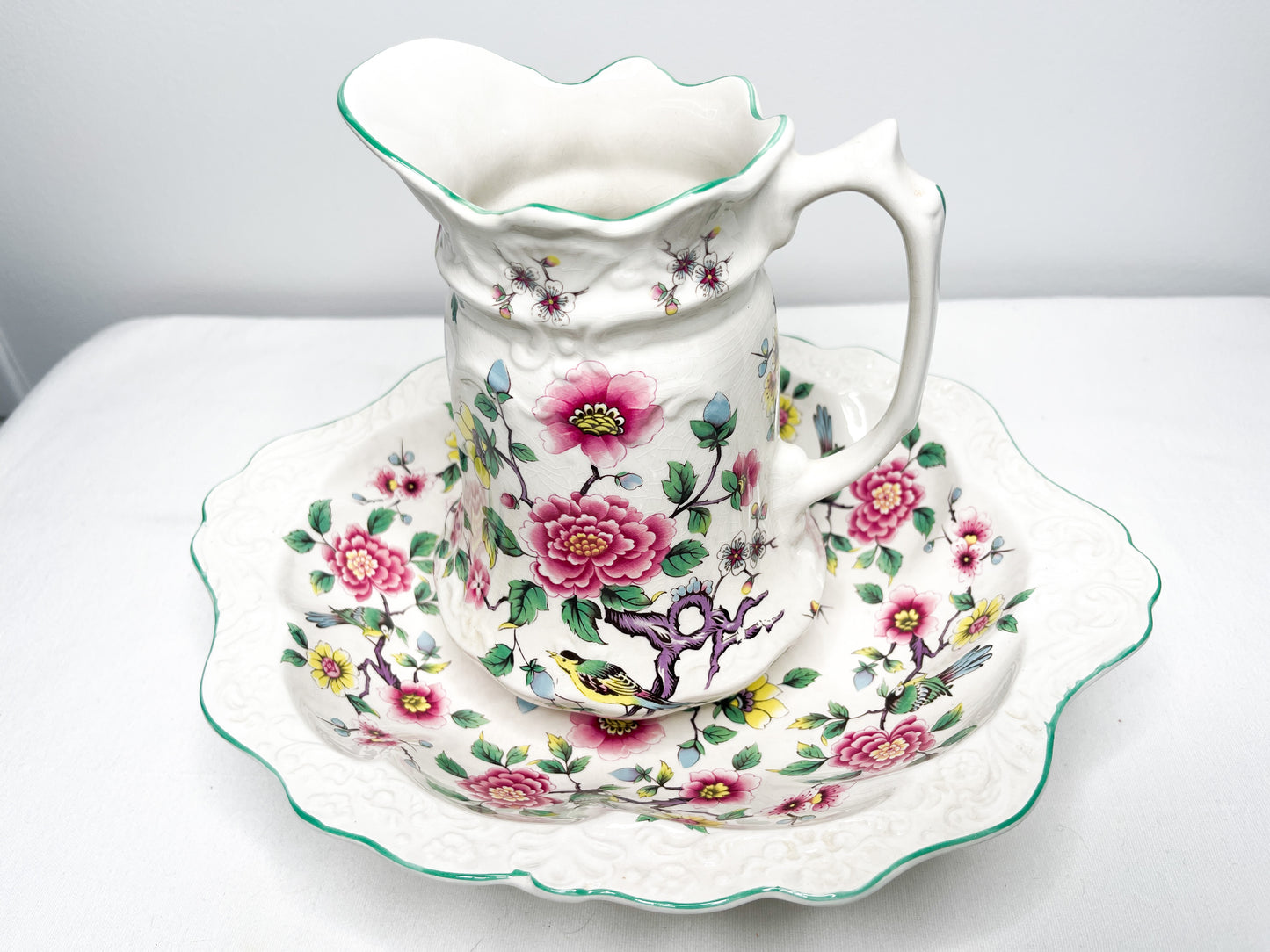 Vintage Old Foley, Wash Basin and Pitcher| Chinese Rose Pattern| James Kent LTD. Staffordshire England
