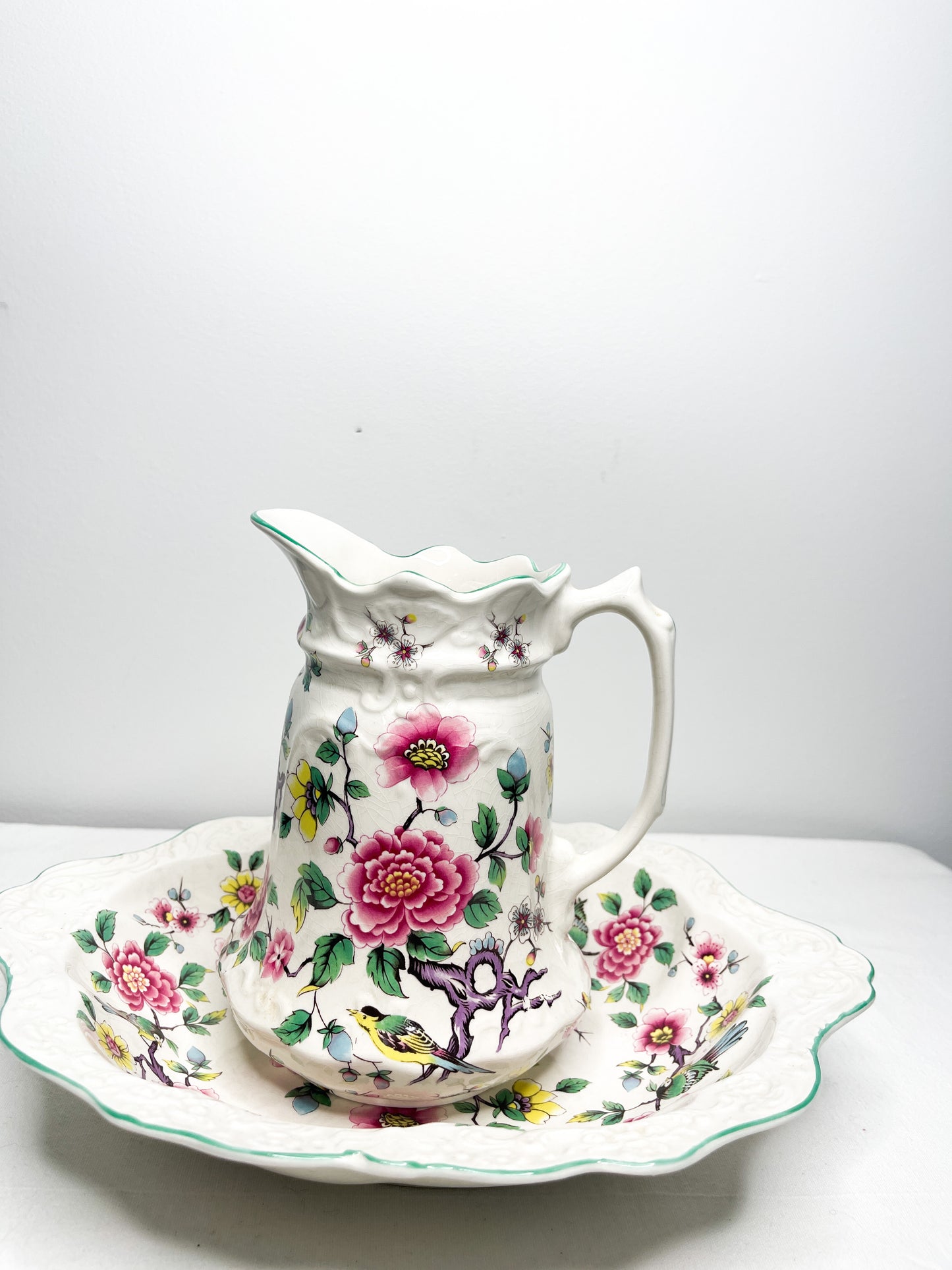 Vintage Old Foley, Wash Basin and Pitcher| Chinese Rose Pattern| James Kent LTD. Staffordshire England
