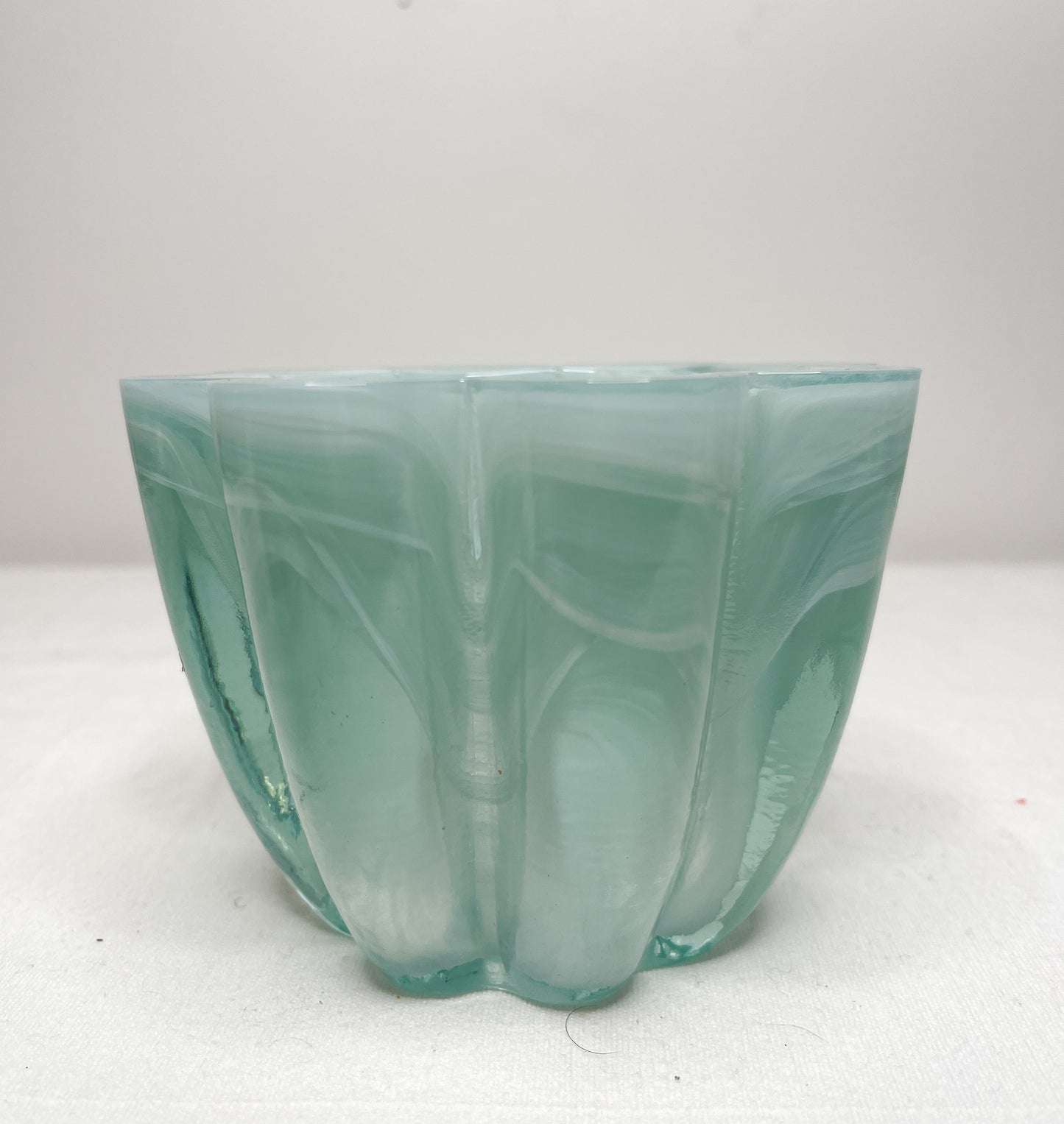 Vintage Teal Swirl Art Glass Votive Candle Holder| Swirl Aqua glass Flower Shaped Glass Vase