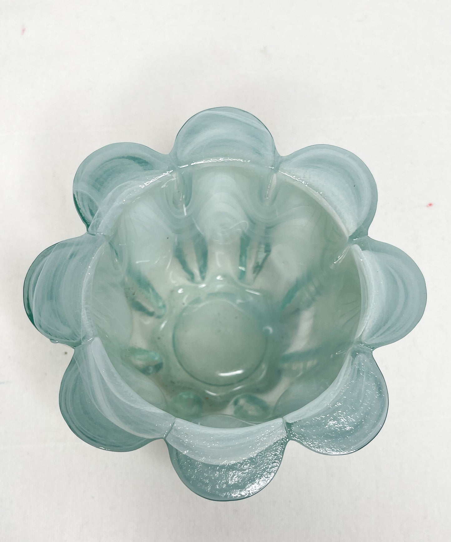 Vintage Teal Swirl Art Glass Votive Candle Holder| Swirl Aqua glass Flower Shaped Glass Vase