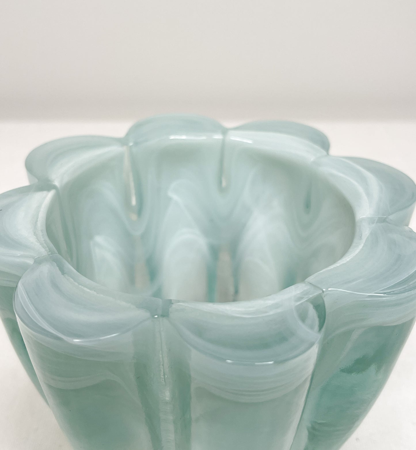 Vintage Teal Swirl Art Glass Votive Candle Holder| Swirl Aqua glass Flower Shaped Glass Vase