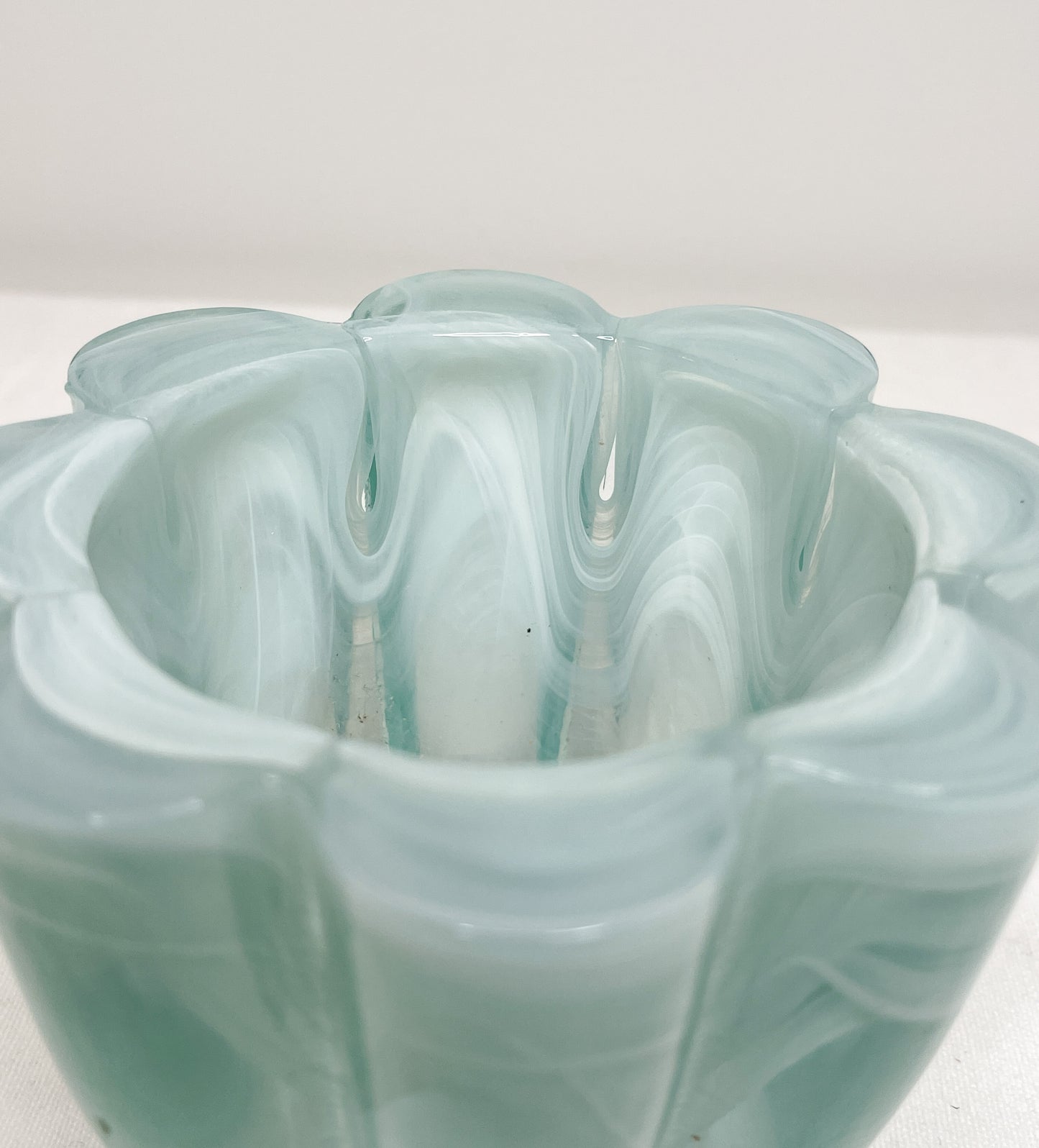 Vintage Teal Swirl Art Glass Votive Candle Holder| Swirl Aqua glass Flower Shaped Glass Vase